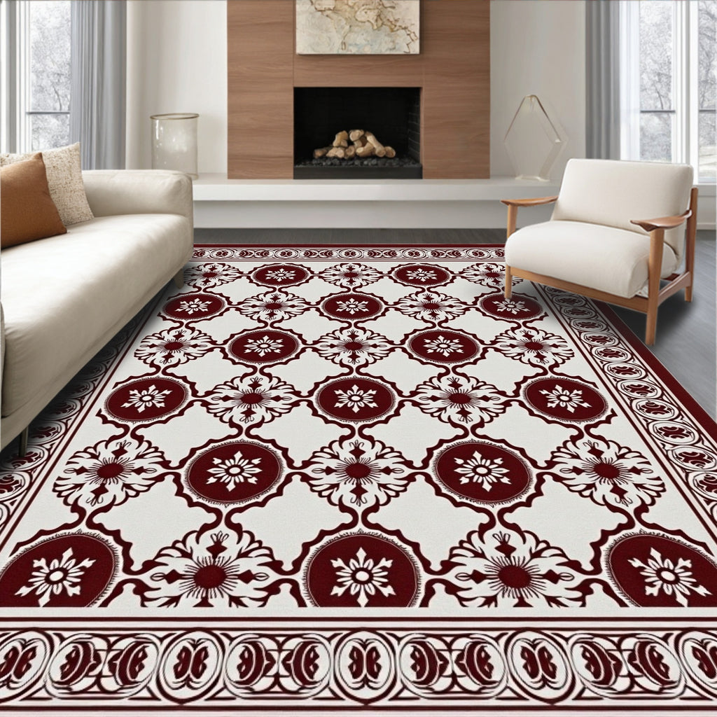 Regal Crimson Floral Geometric Border Rug