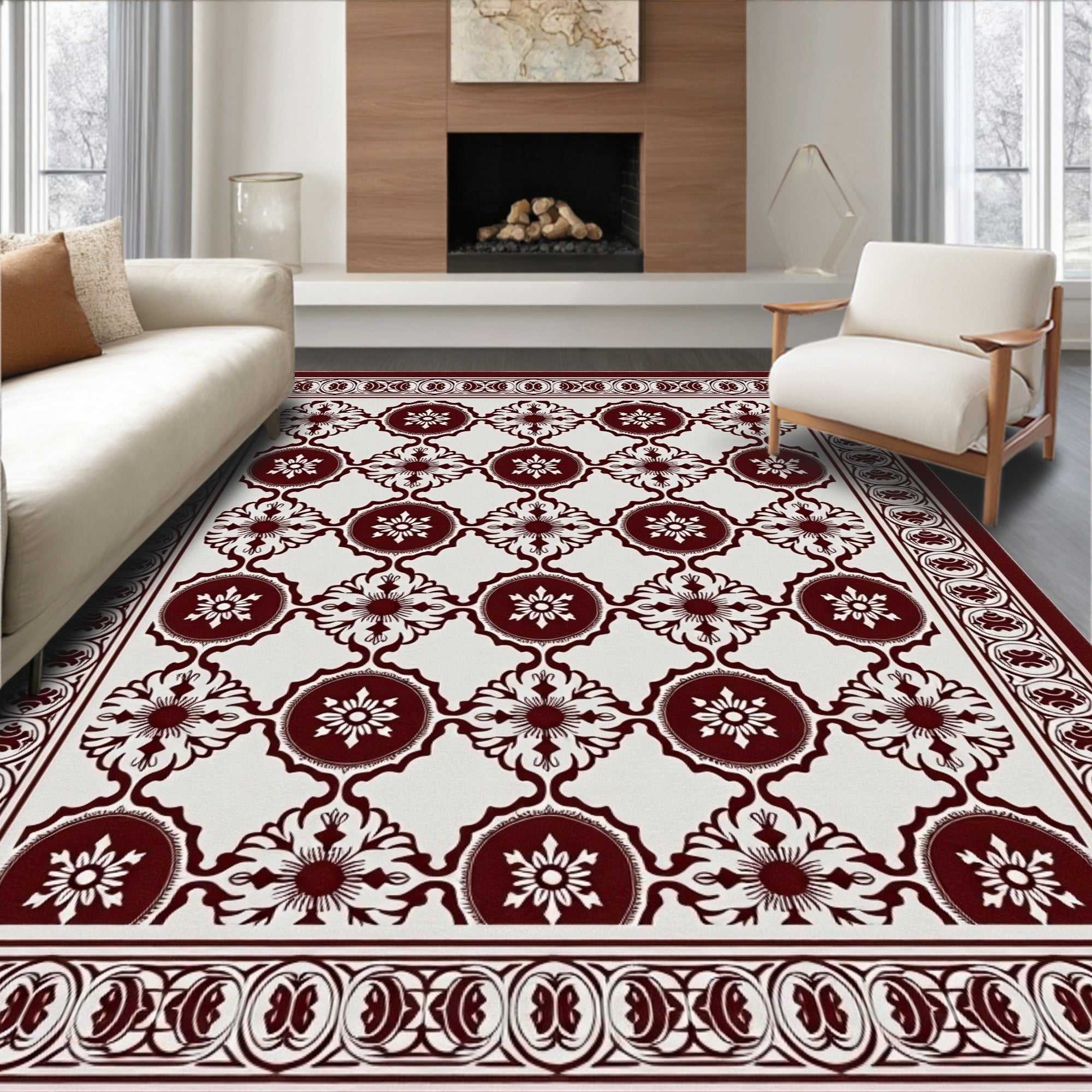 Regal Crimson Floral Geometric Border Rug