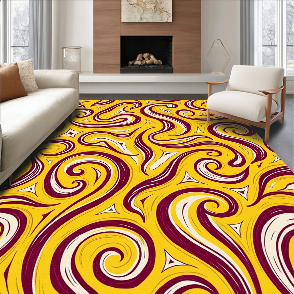 Vibrant Swirls Abstract Yellow Burgundy Rug