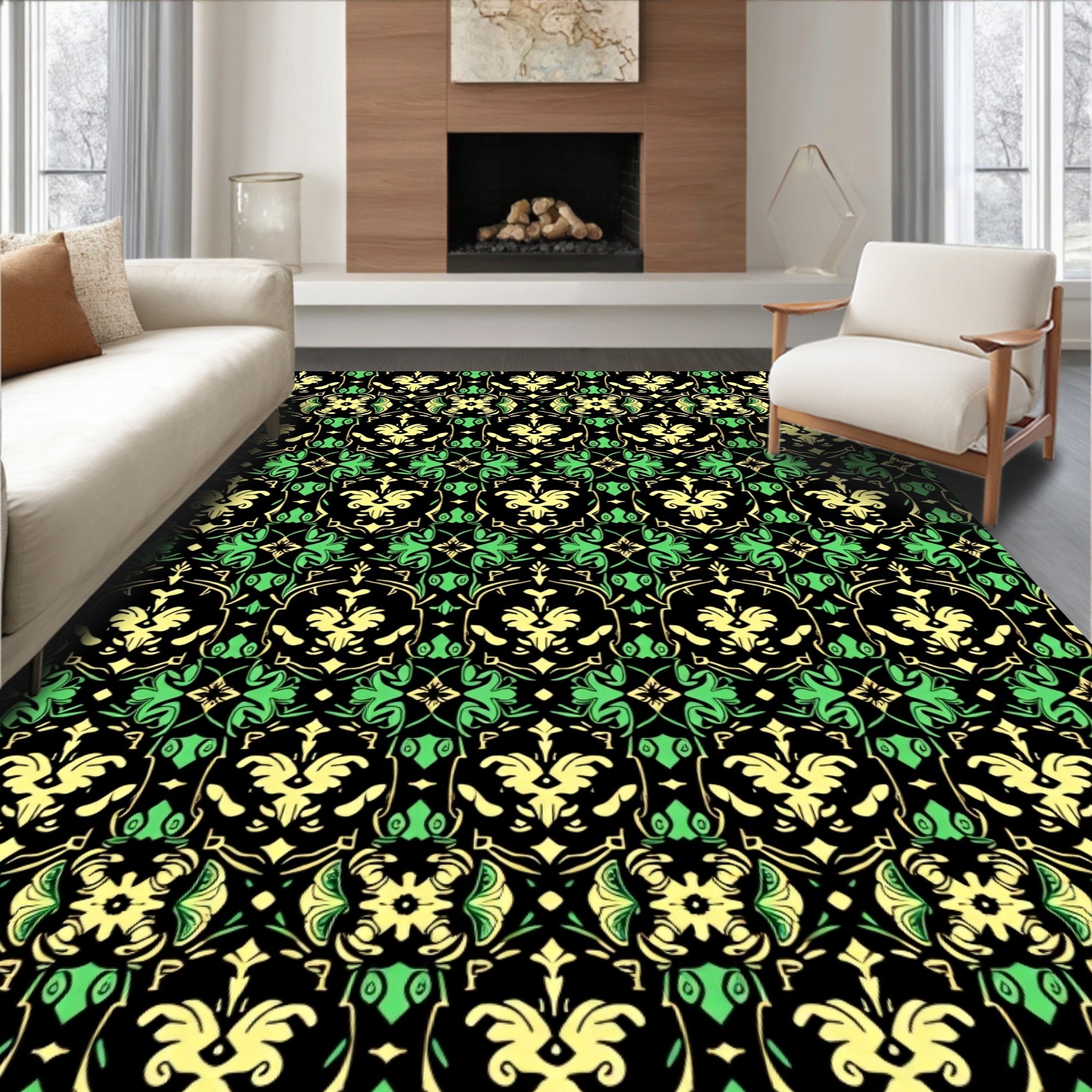 Ornate Black Emerald Floral Damask Rug