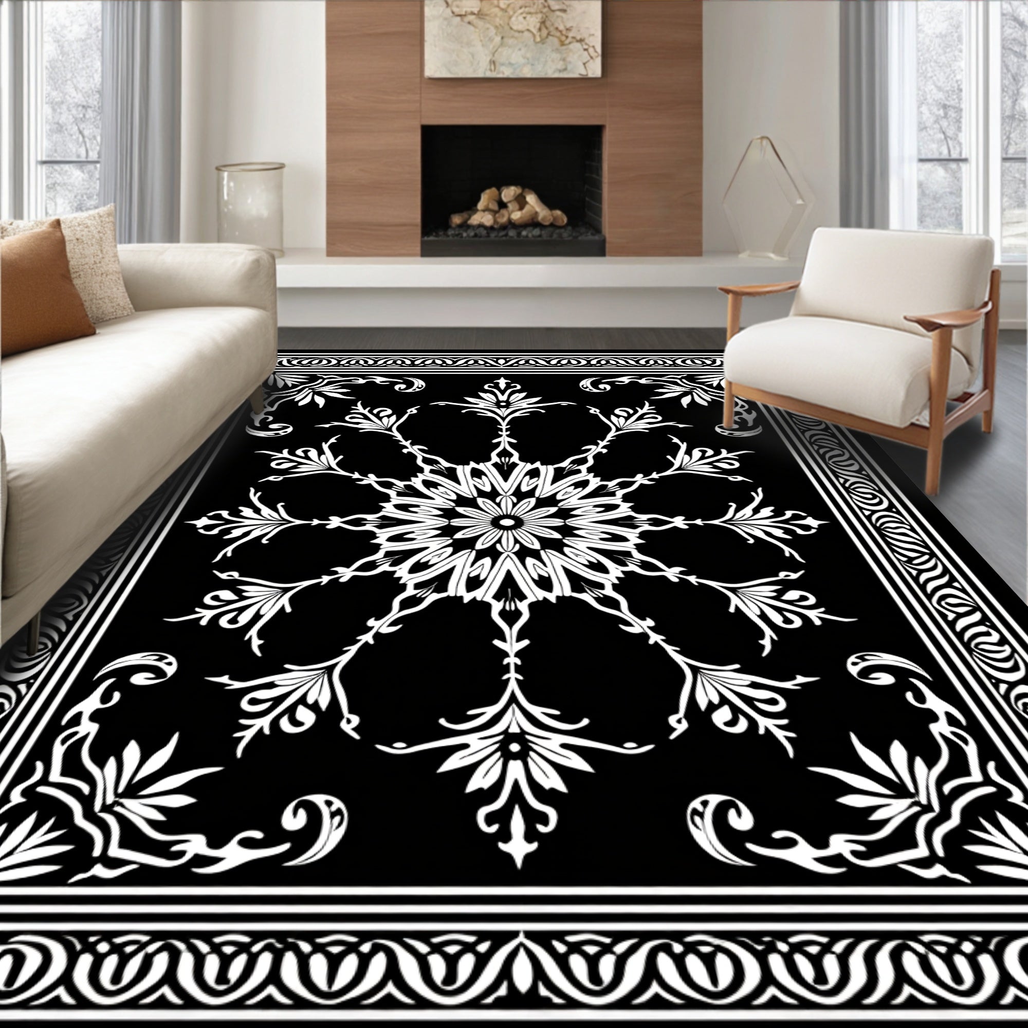Black White Ornate Floral Mandala Rug