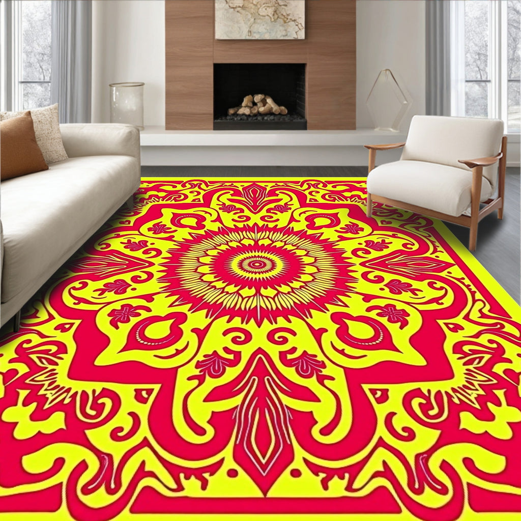Vibrant Red Yellow Sunburst Mandala Rug