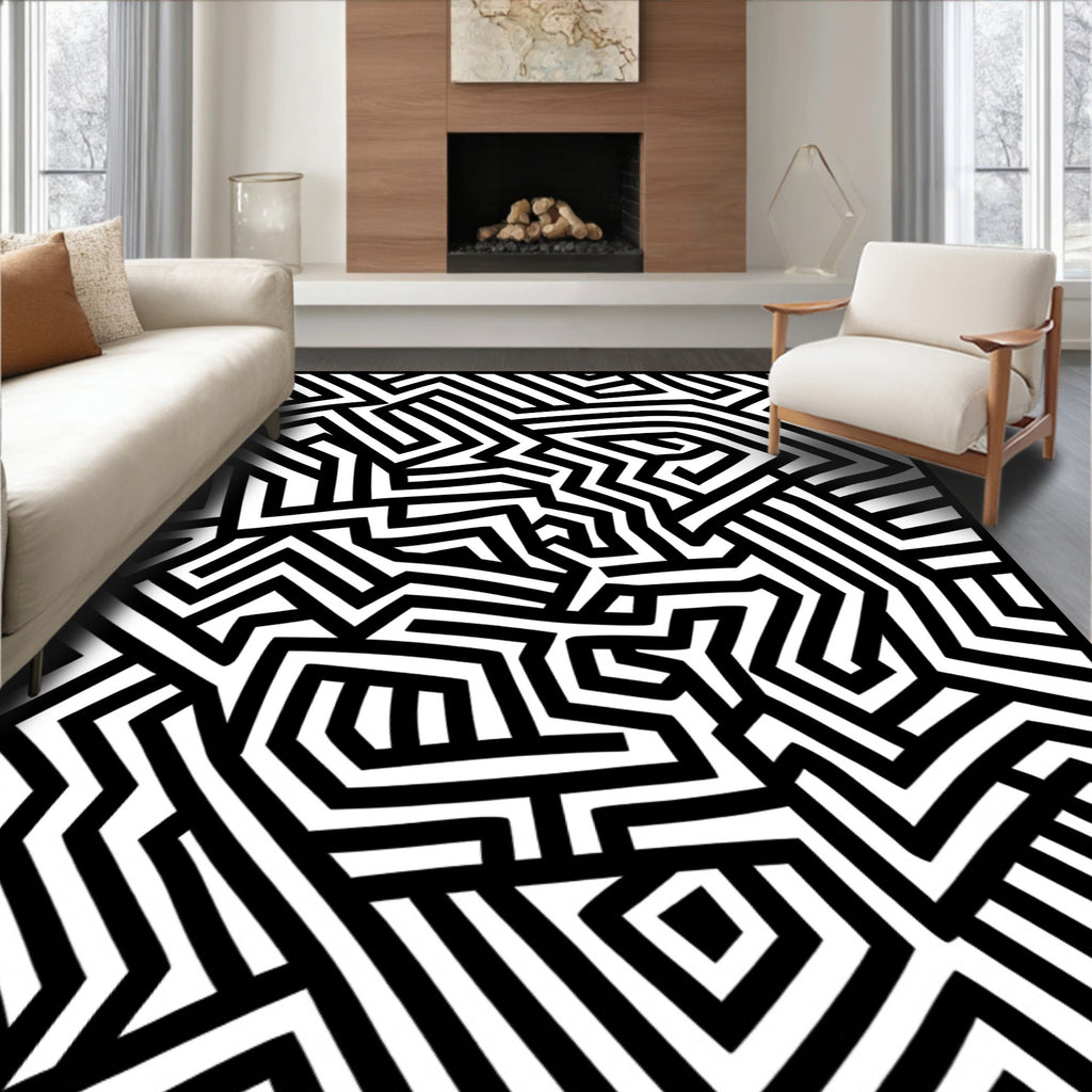 Black and White Geometric Maze Rug