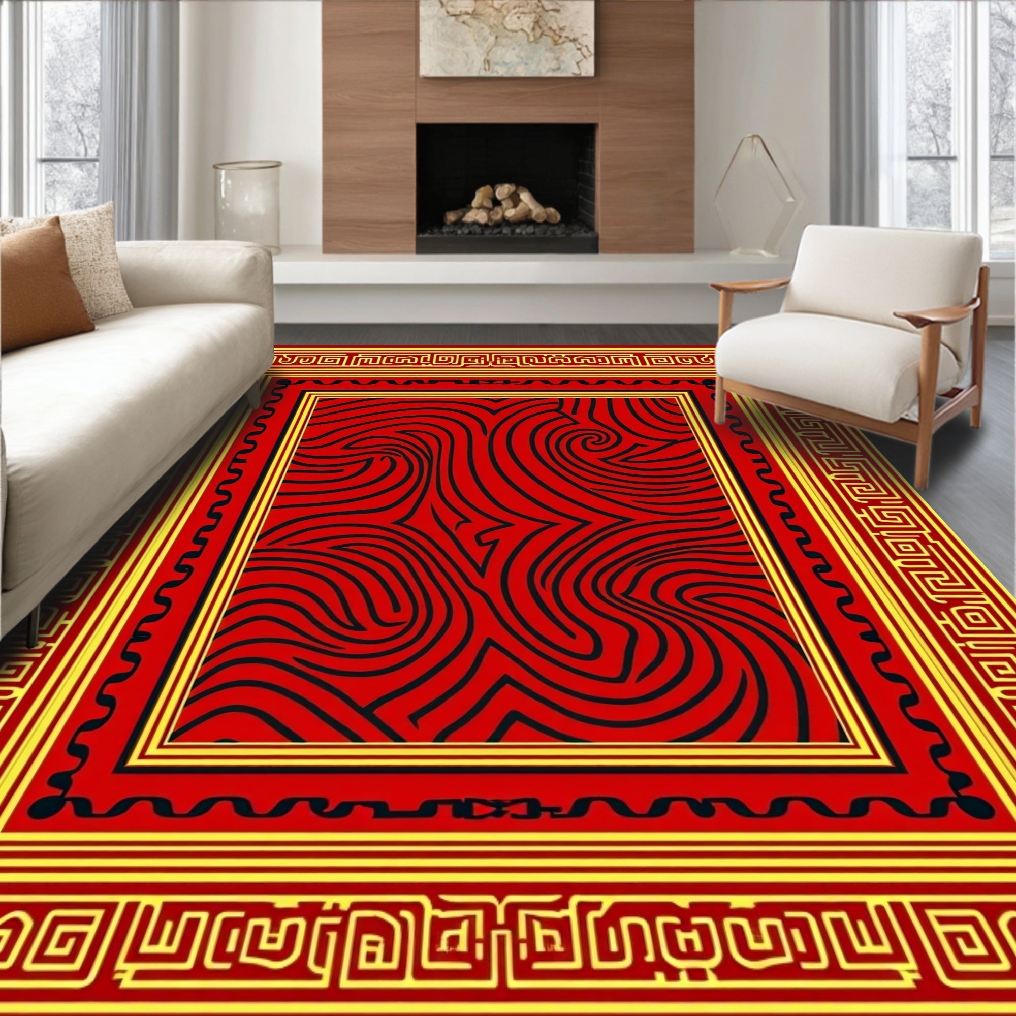 Bold Red Maze Geometric Rug