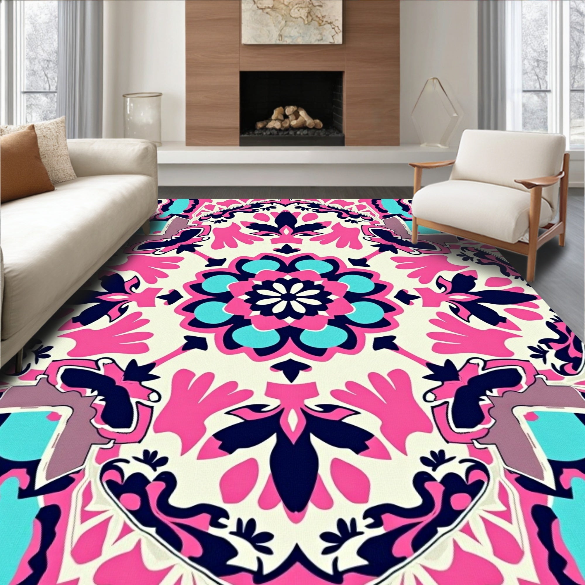 Vibrant Pink Navy Blue Mandala Rug