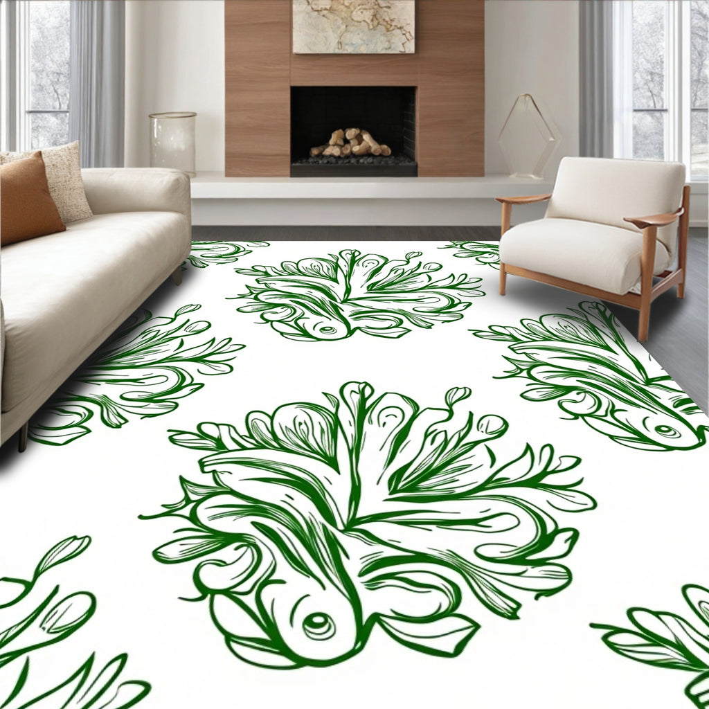 Green Watercolor Koi Fish Medallion Rug