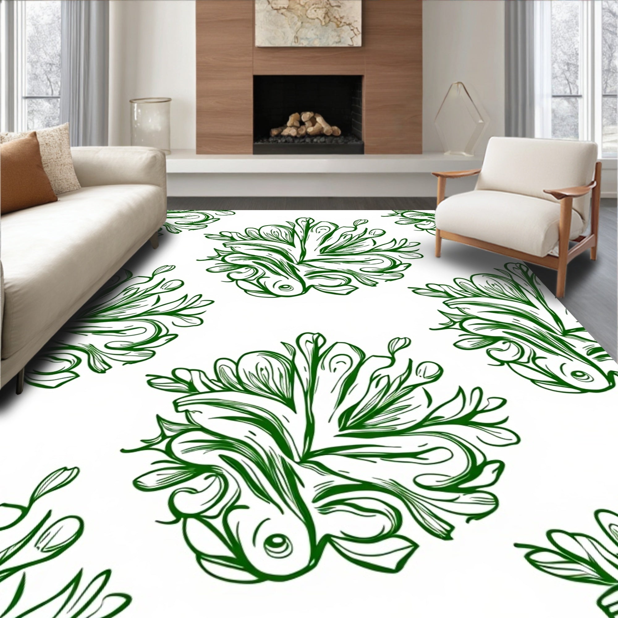 Green Watercolor Koi Fish Medallion Rug