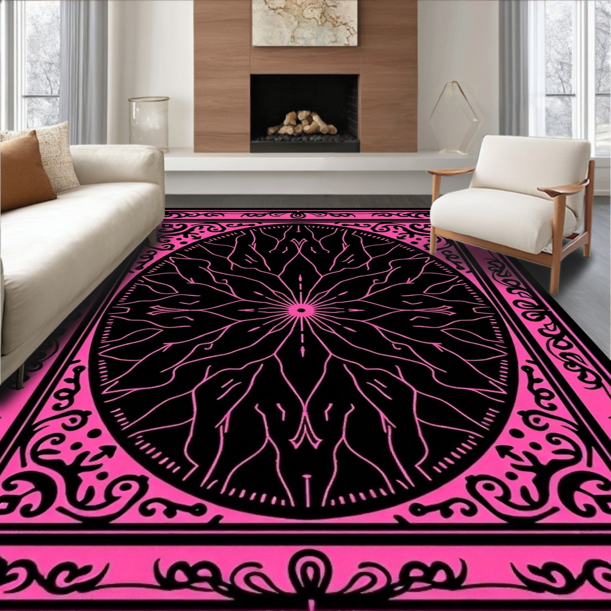 Radiant Pink Black Floral Medallion Rug