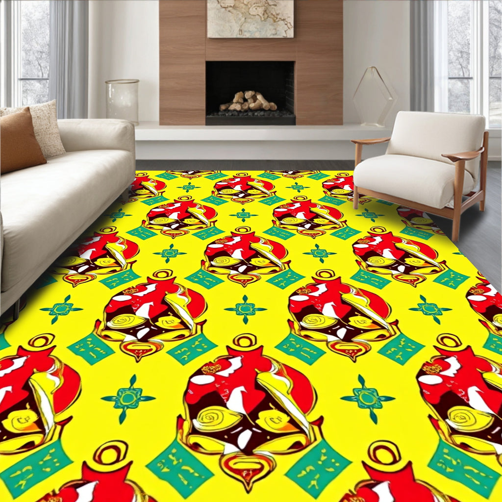 Bold Red Golden Lantern Motif Rug