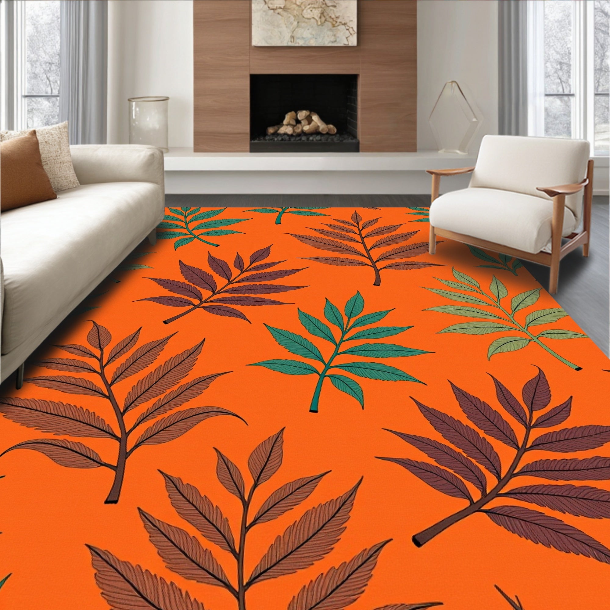 Orange background with maroon and teal leaves Rug