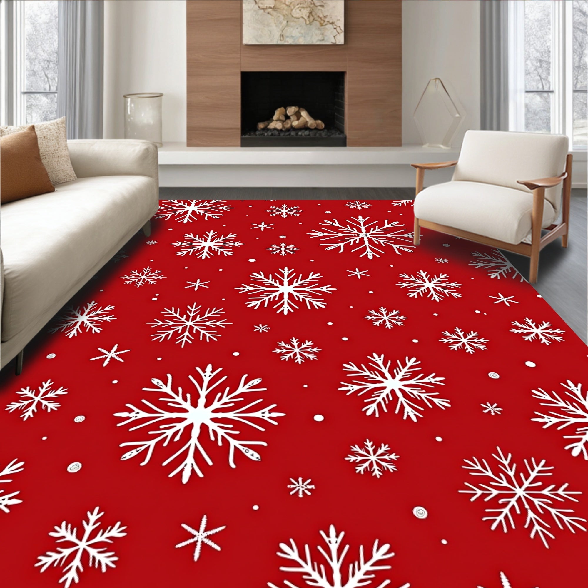 Crimson White Snowflake Shower Rug