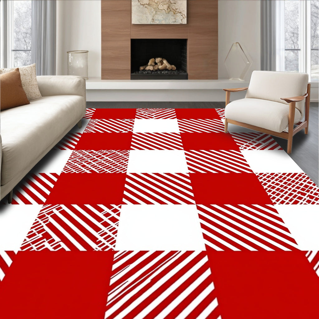 Bold Red White Gingham Lines Rug
