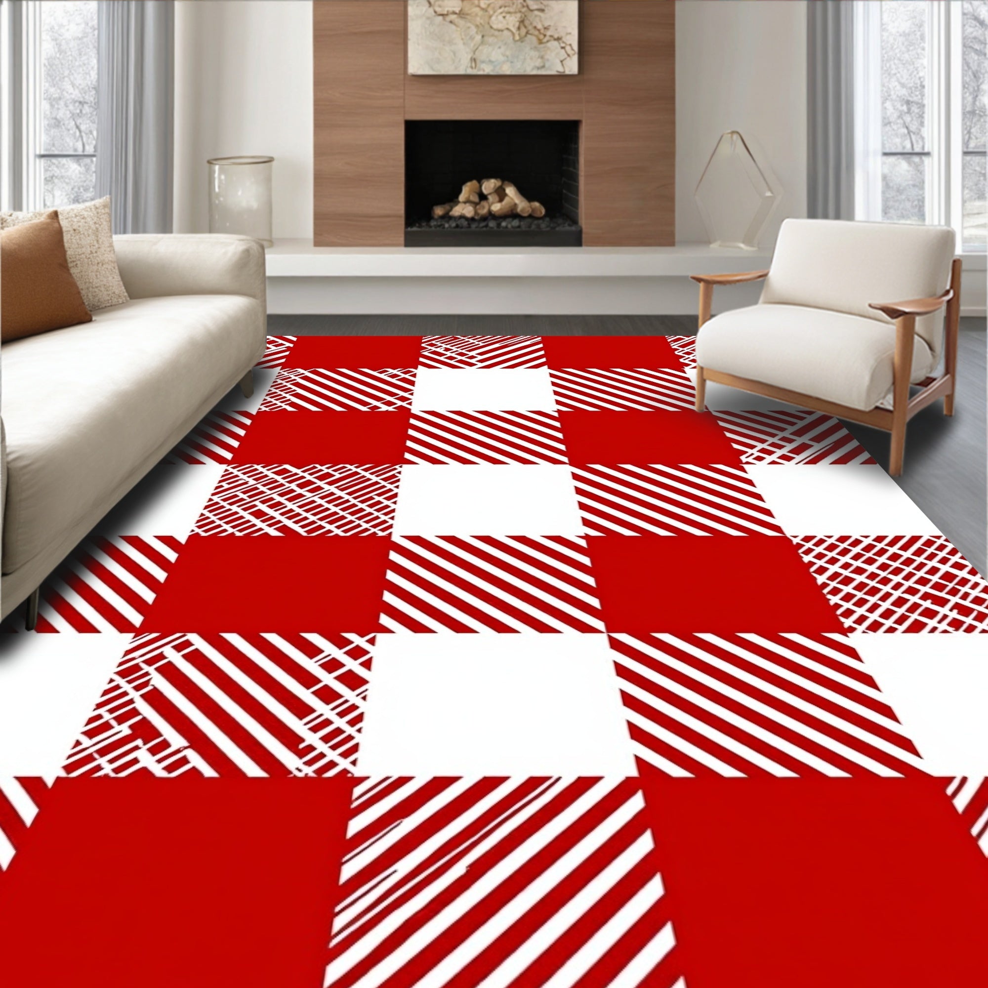 Bold Red White Gingham Lines Rug