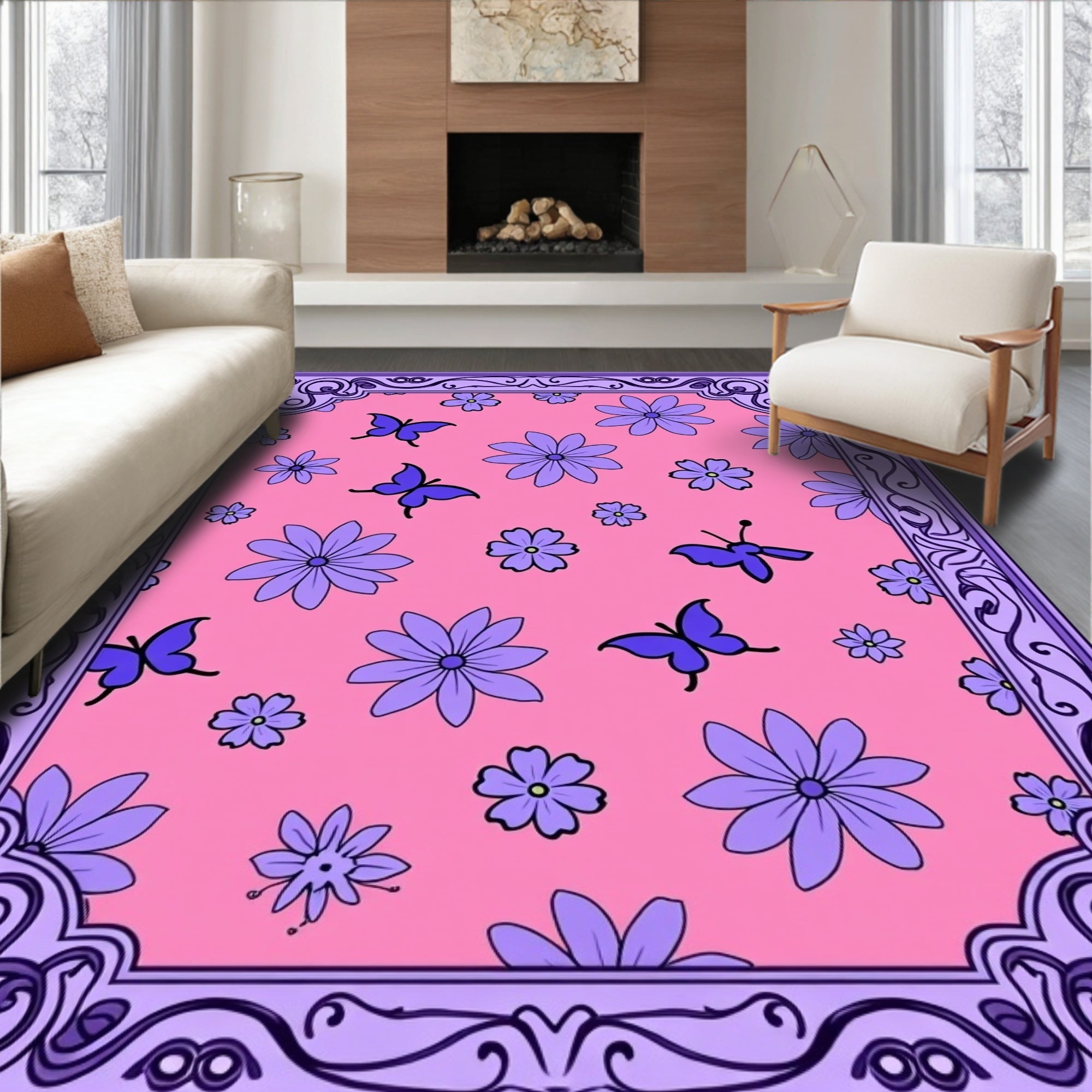 Whimsical Purple Butterfly Floral Garden Rug