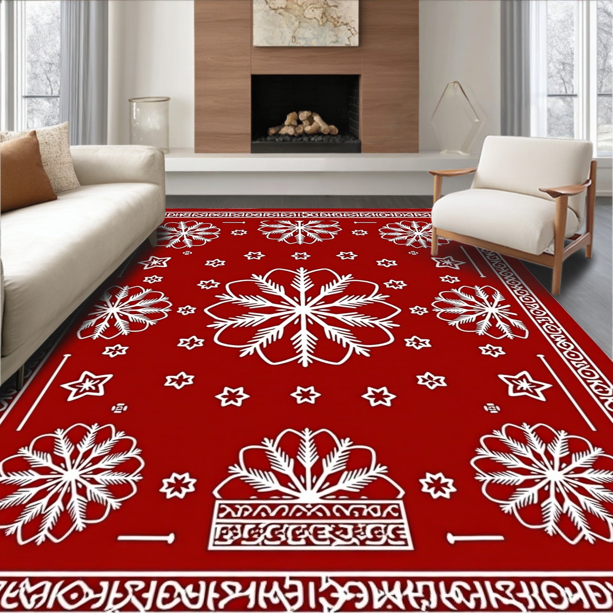 White Snowflake Red Bandana Rug
