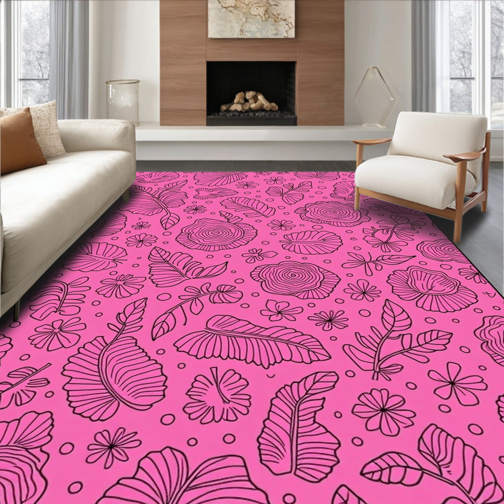 Vibrant Pink Floral Leaf Arrangement Rug