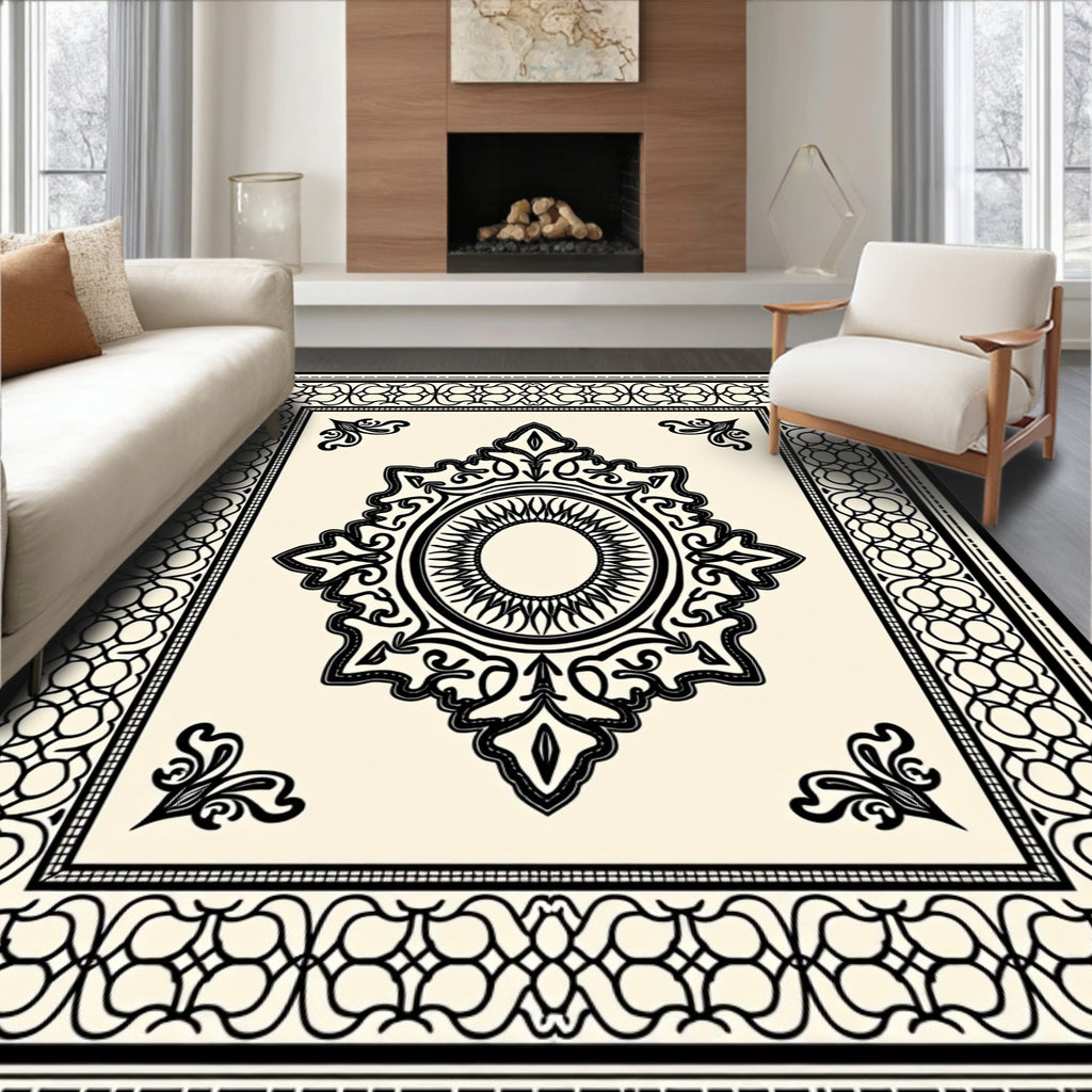 Cream Black Ornate Medallion Border Rug