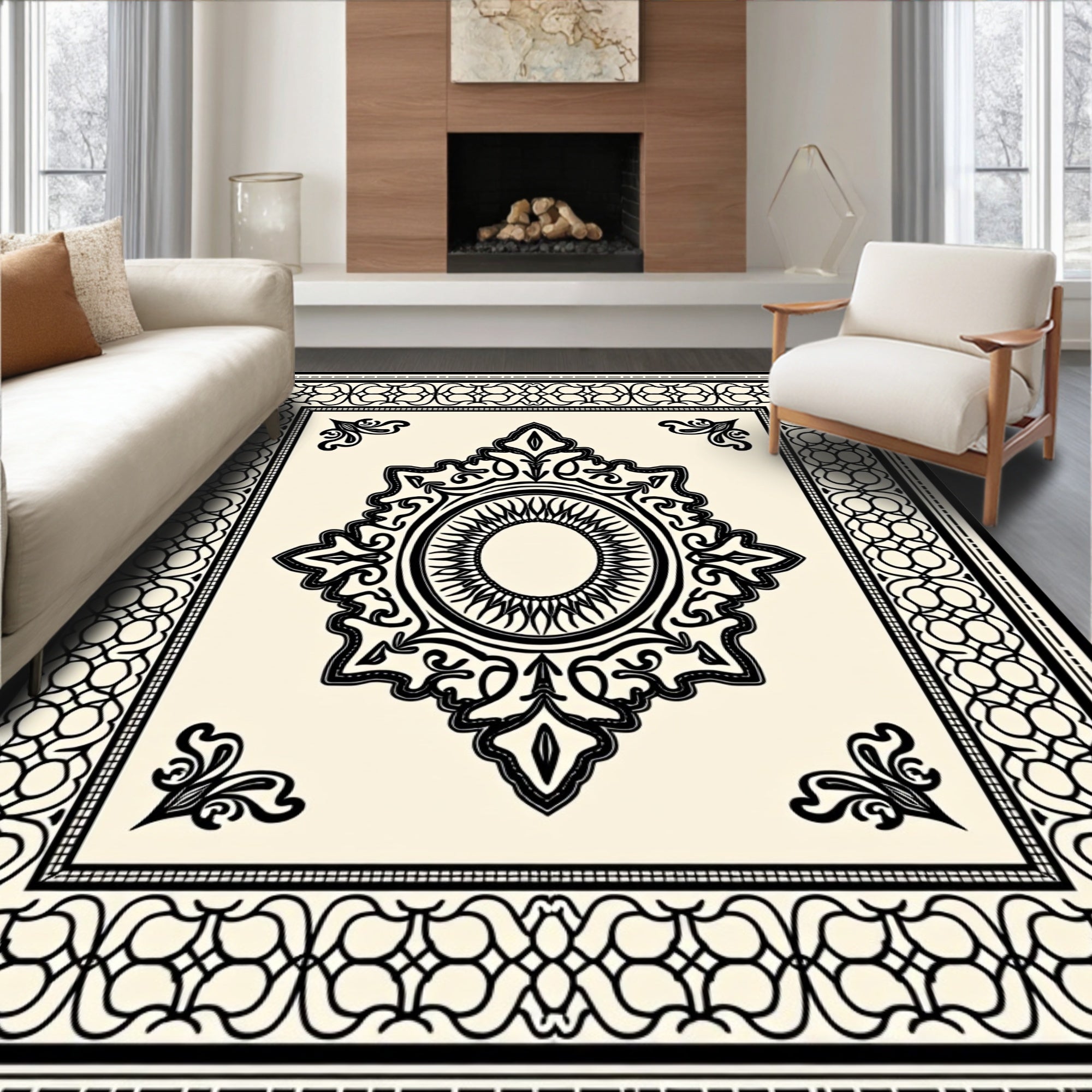 Cream Black Ornate Medallion Border Rug