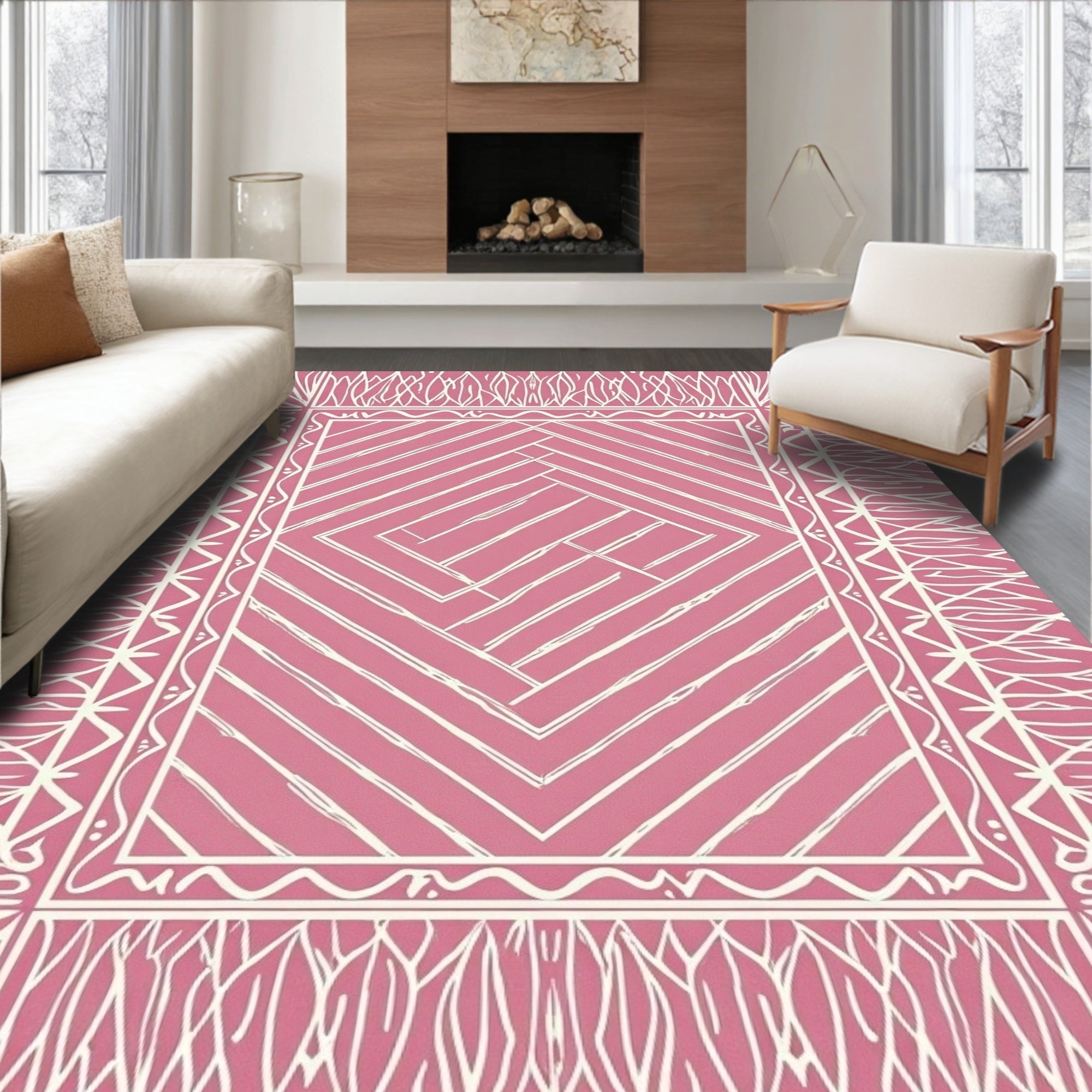 Pink Diamond Geometric Vine Border Rug