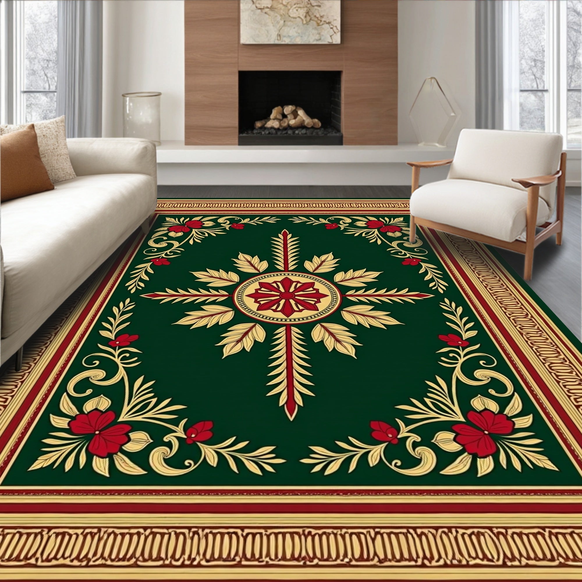 Rich Emerald Floral Vine Border Rug