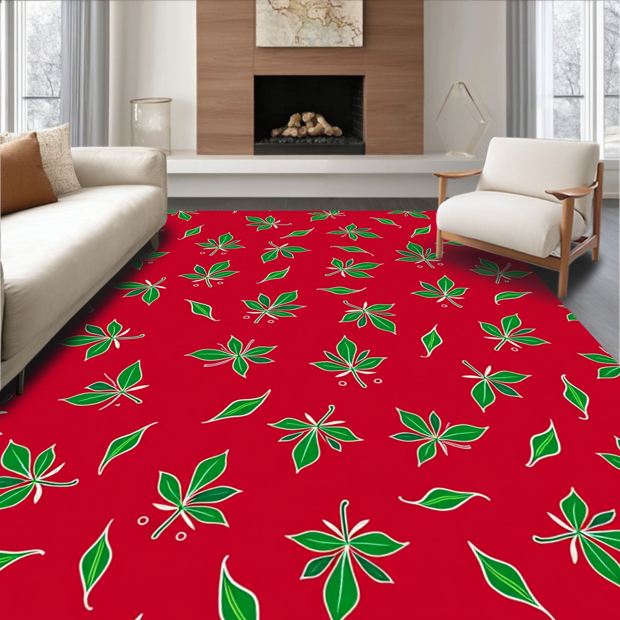 Crimson Forest Green Leaf Burst Rug