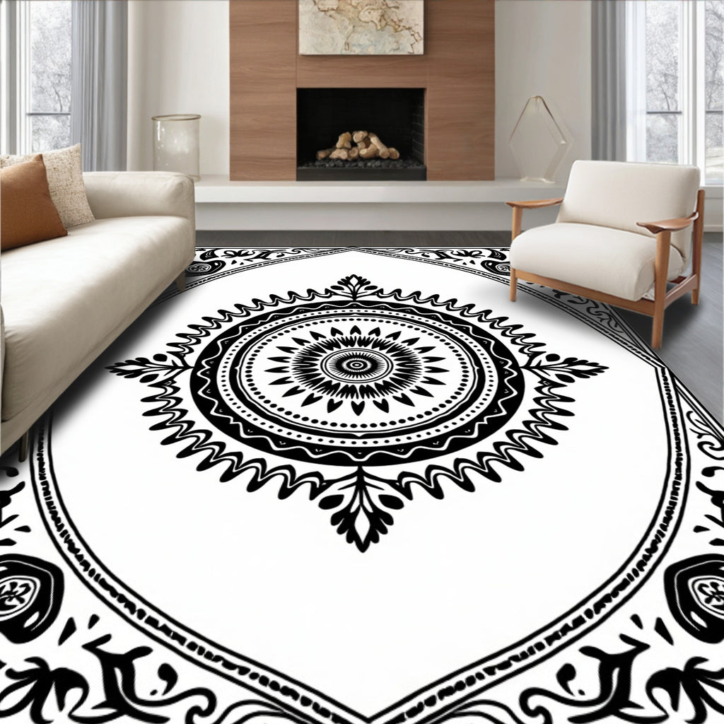 Black White Central Medallion Ornament Rug