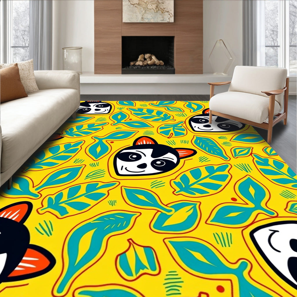 Playful Lemur Tropical Leaf Yellow Rug