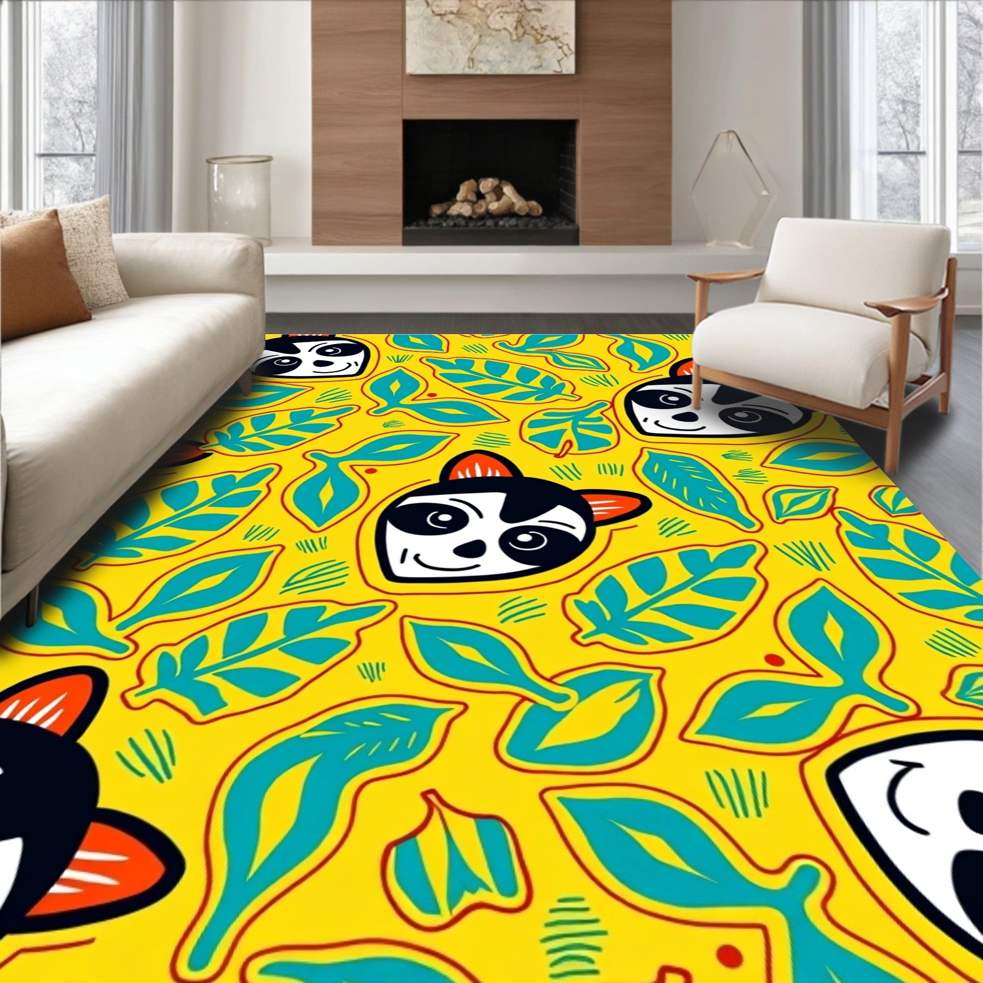 Playful Lemur Tropical Leaf Yellow Rug