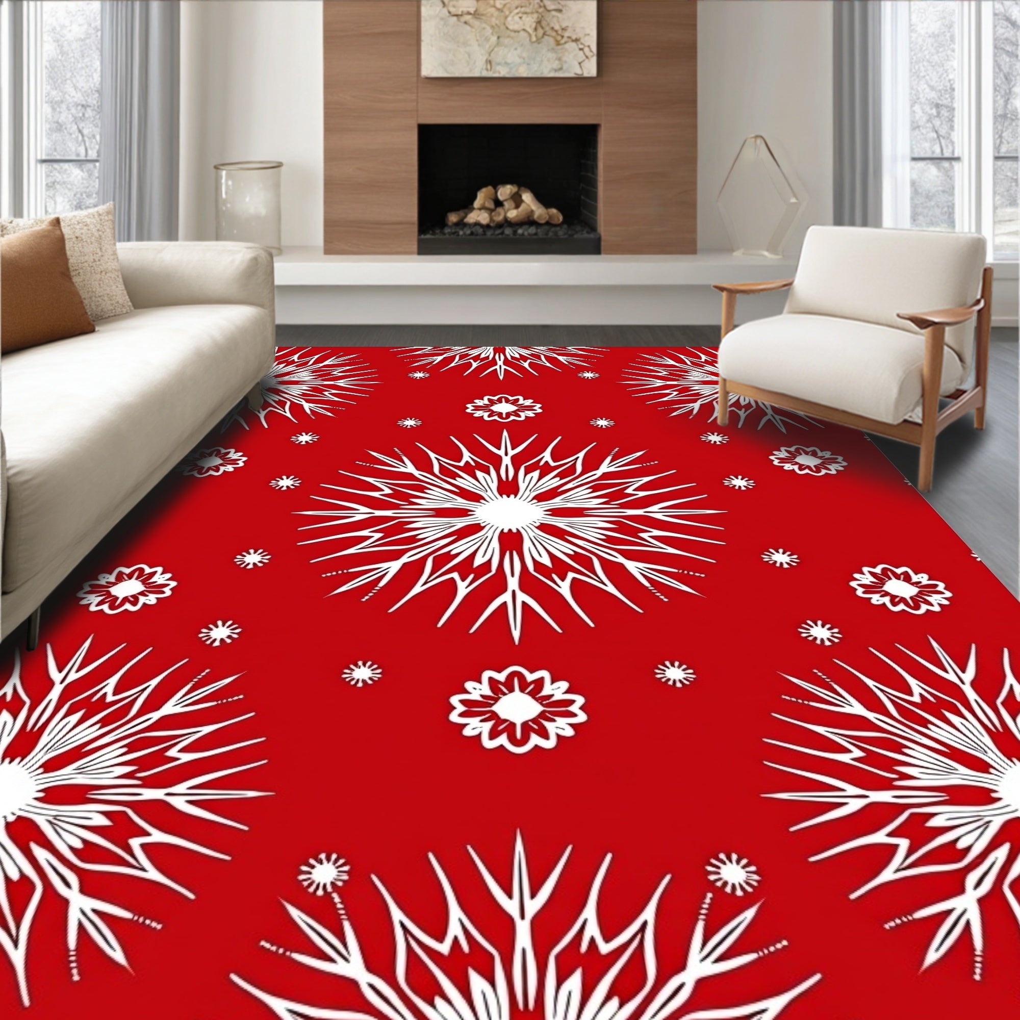Festive Red White Snowflake Mandala Rug