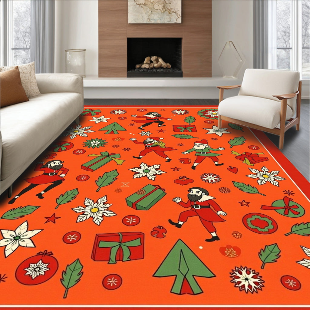 Christmas Figures Poinsettia Tree Gifts Rug