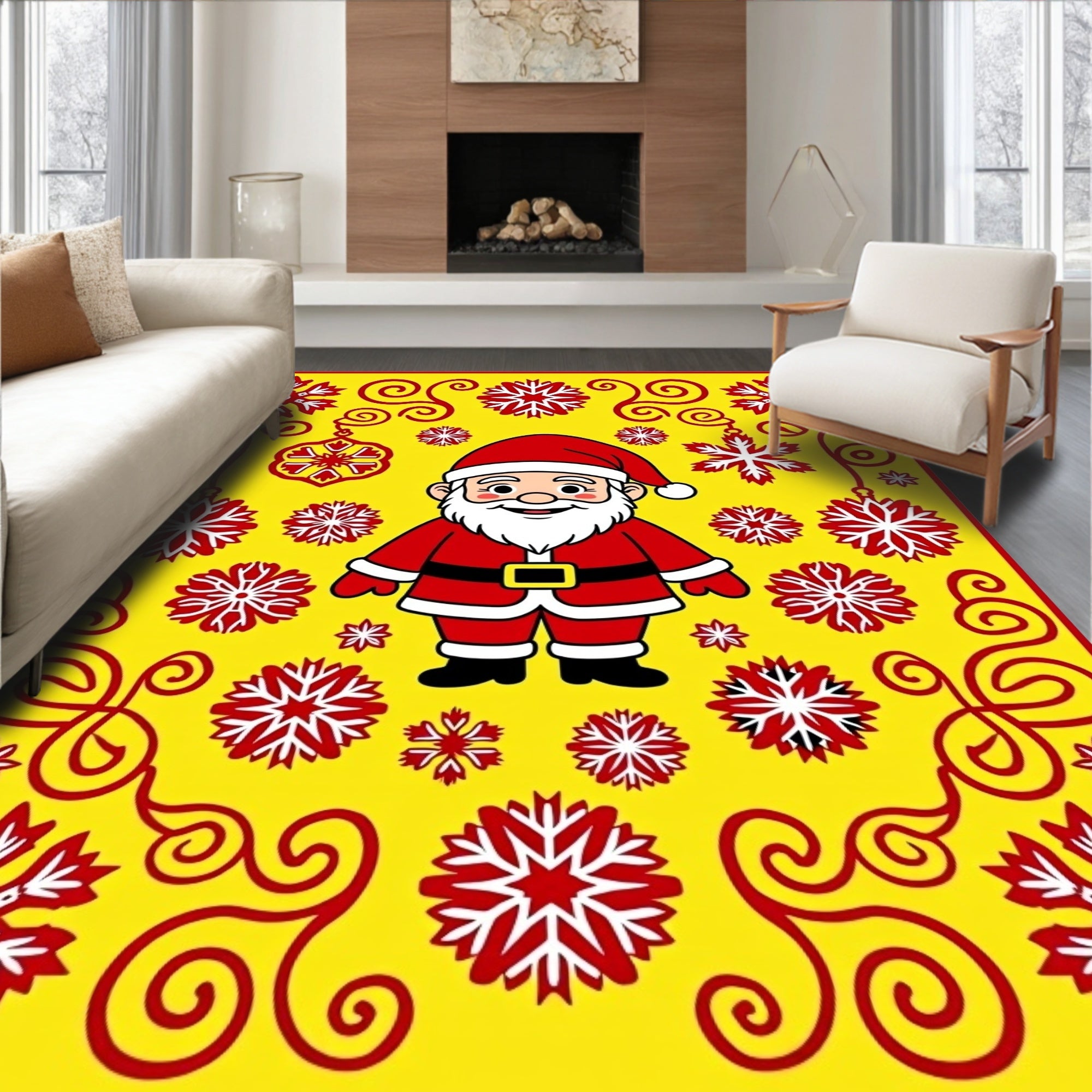 Jolly Santa Claus Red Snowflake Garland Rug