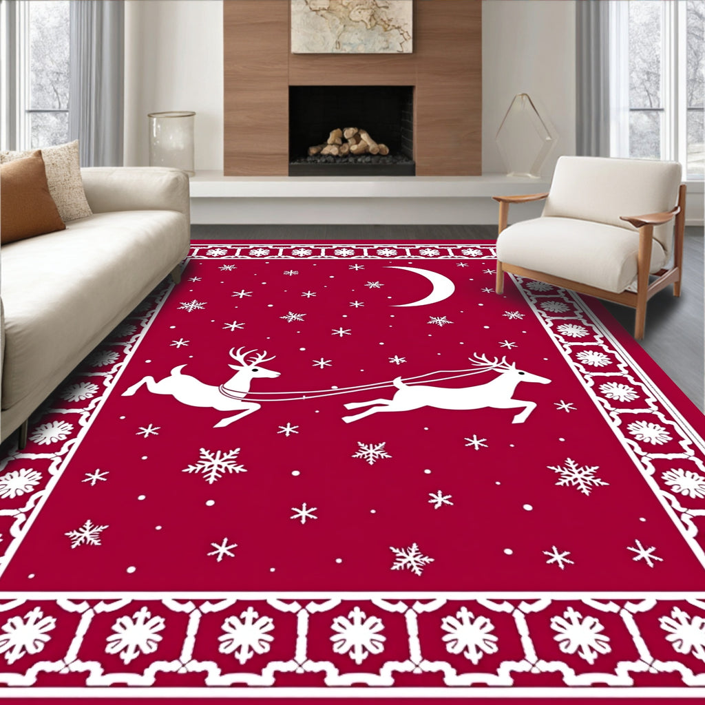 Christmas Red Sleigh Reindeer Crescent Moon Rug