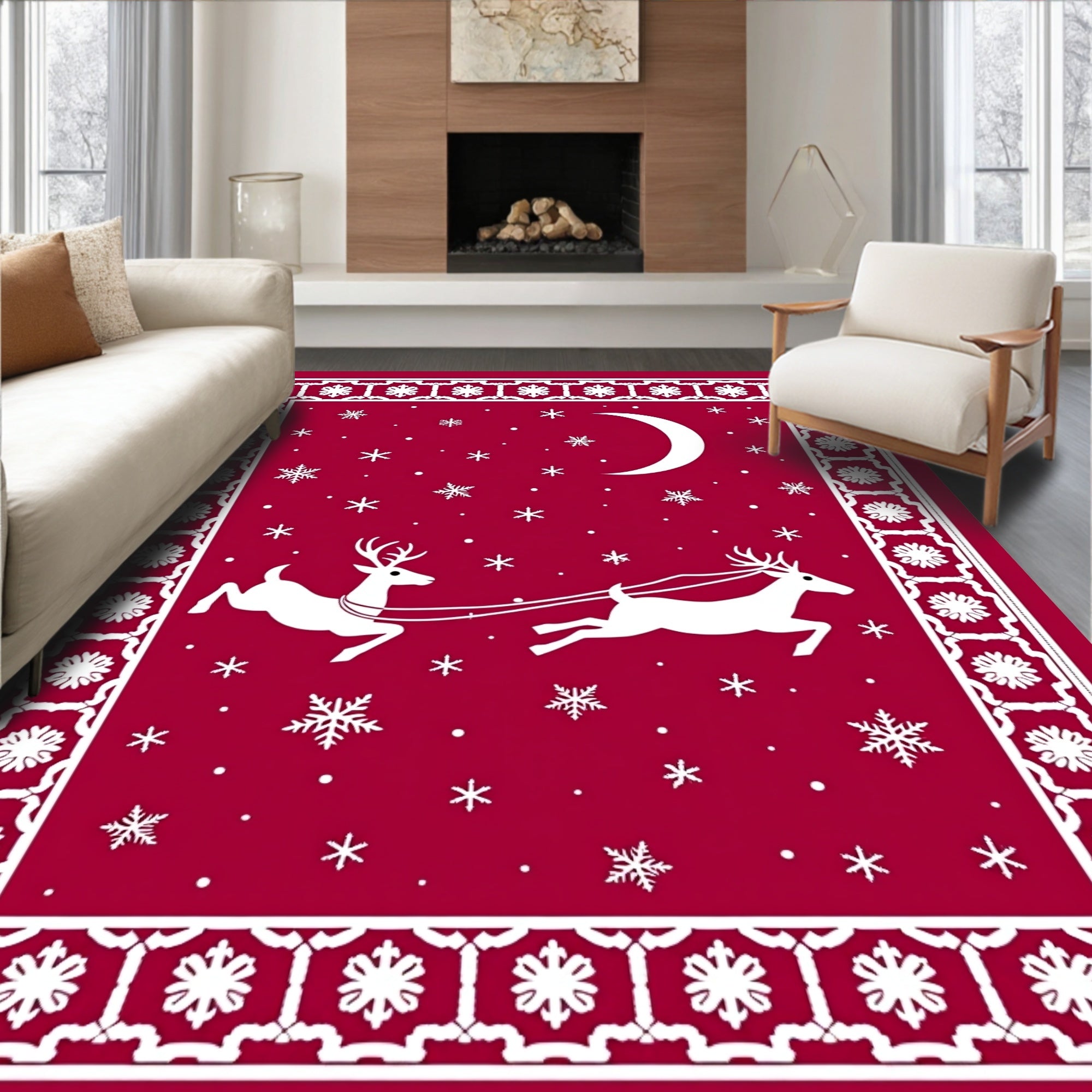 Christmas Red Sleigh Reindeer Crescent Moon Rug