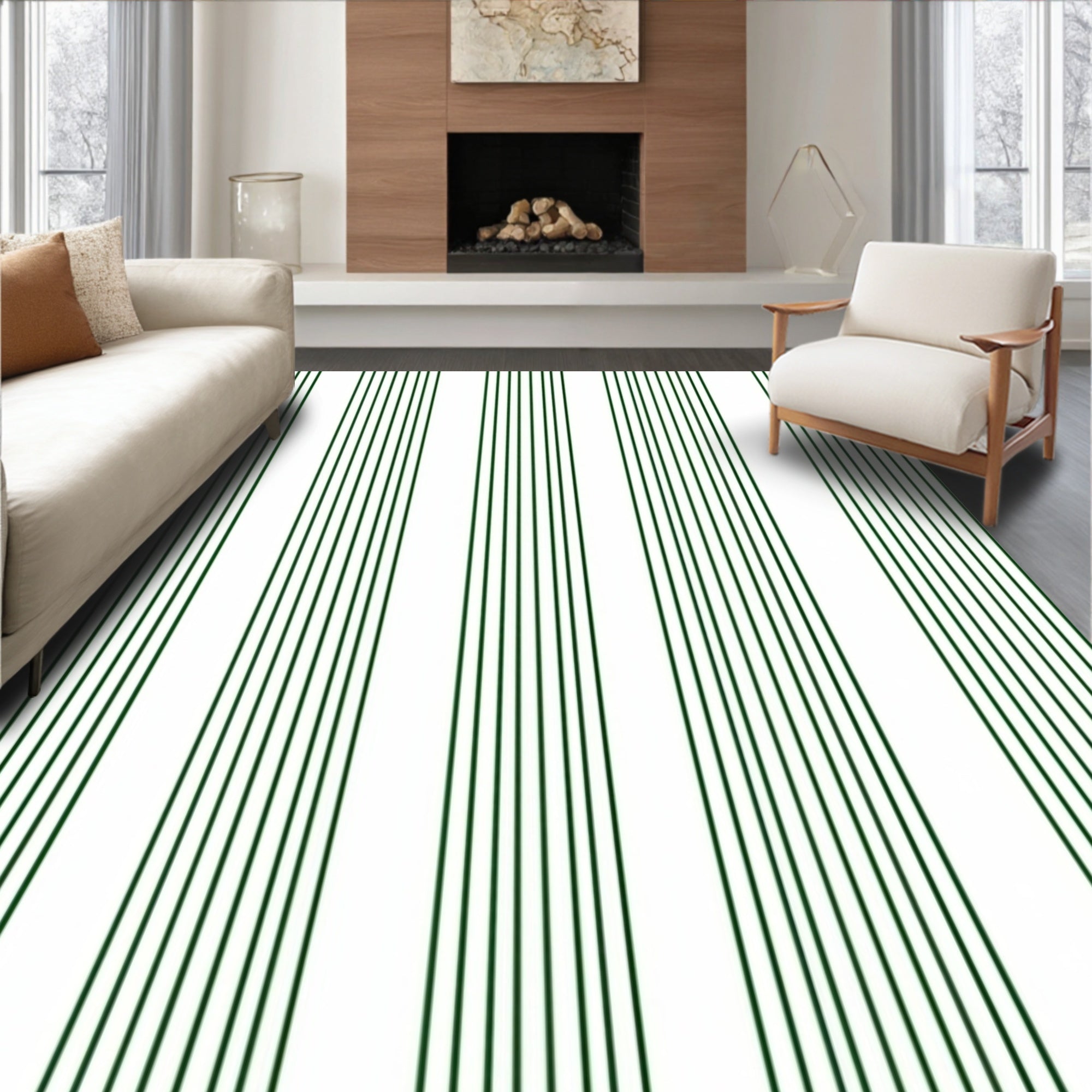 Dark Green Vertical Stripe Arrangement Rug