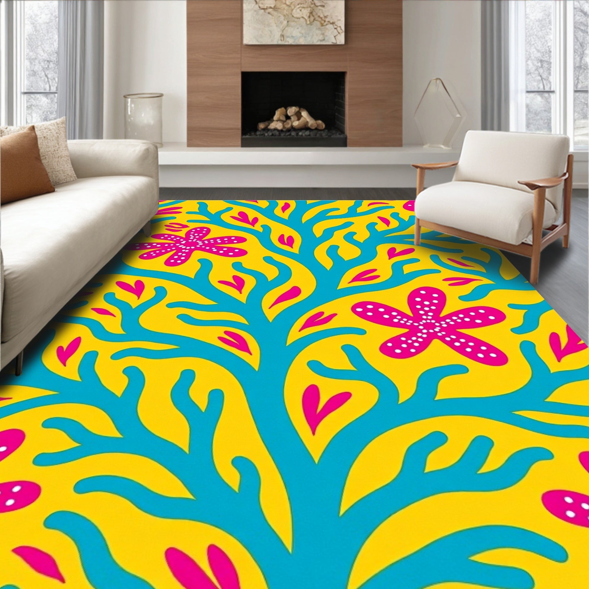 Coral Pink White Dot Flower Yellow Rug