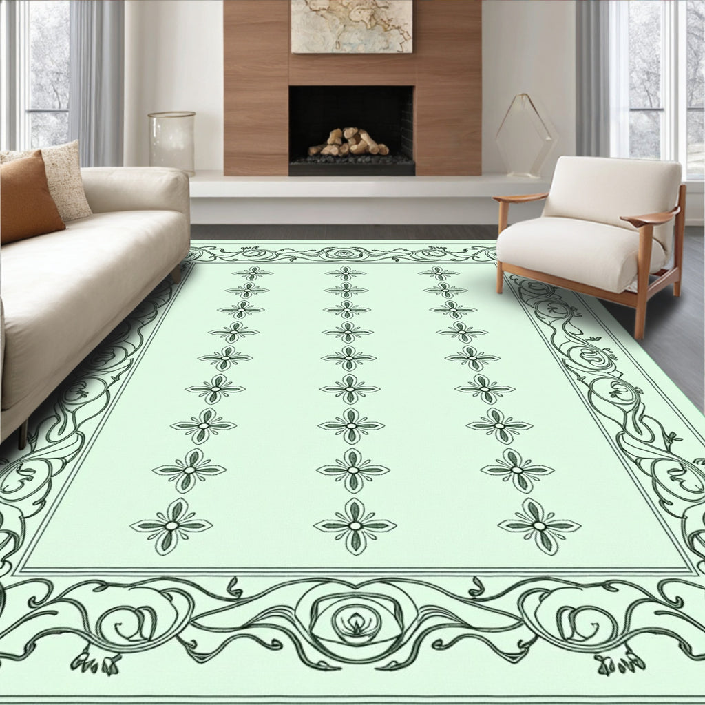 Pale Green Floral Bordered Rug
