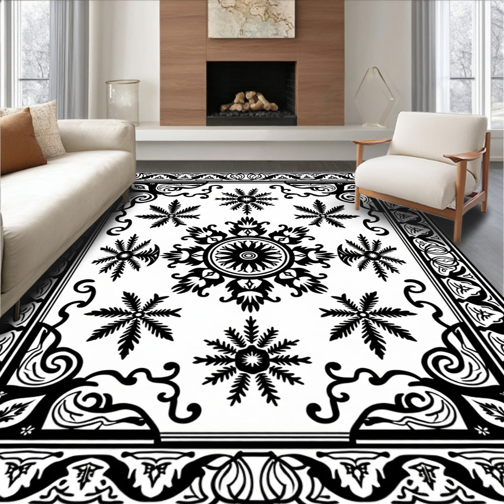 Ornate Black White Starburst Medallion Rug
