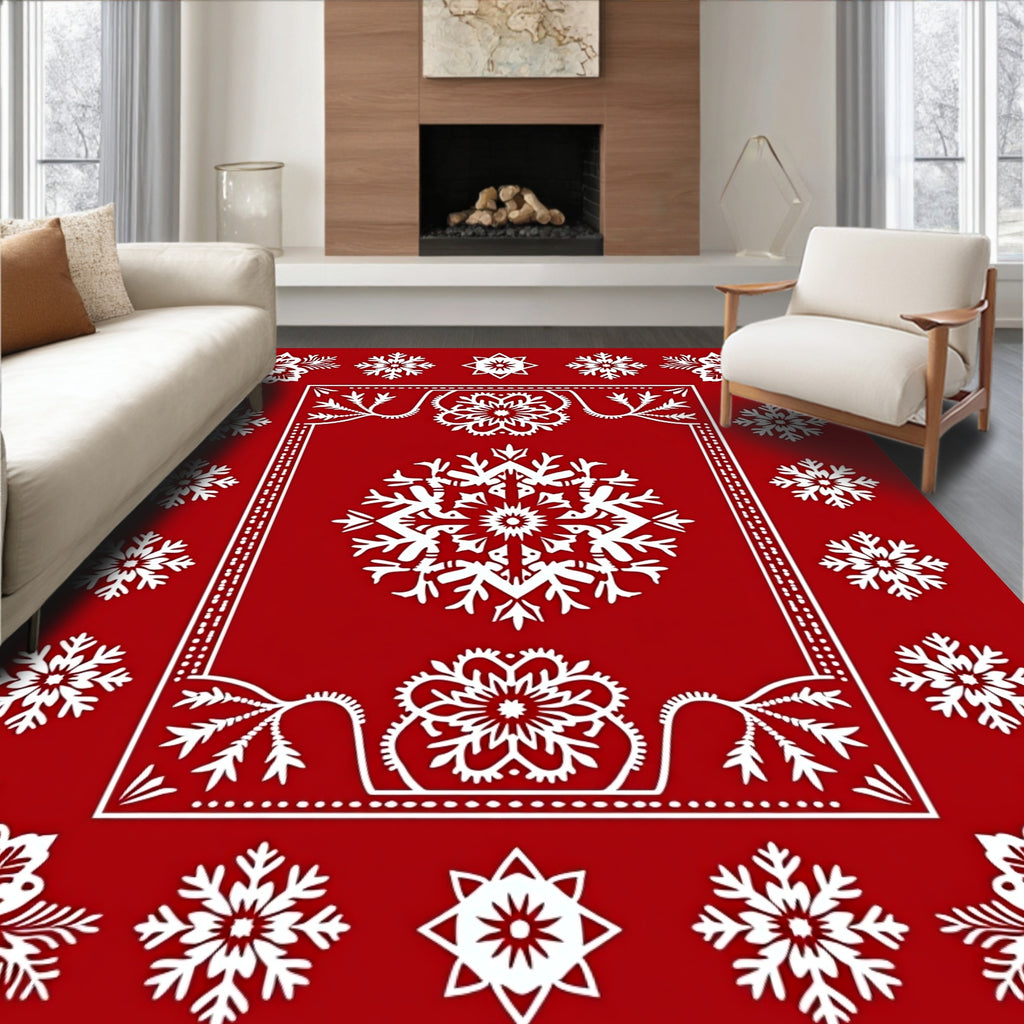 White Snowflake Red Border Rug