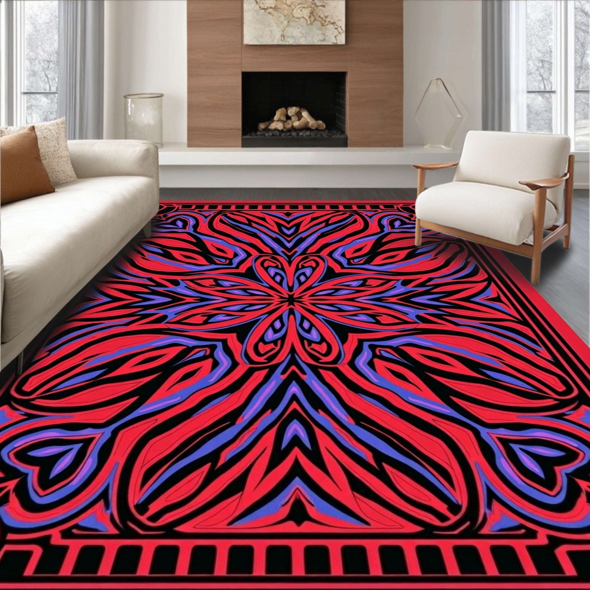 Vibrant Red Purple Abstract Radial Art Rug