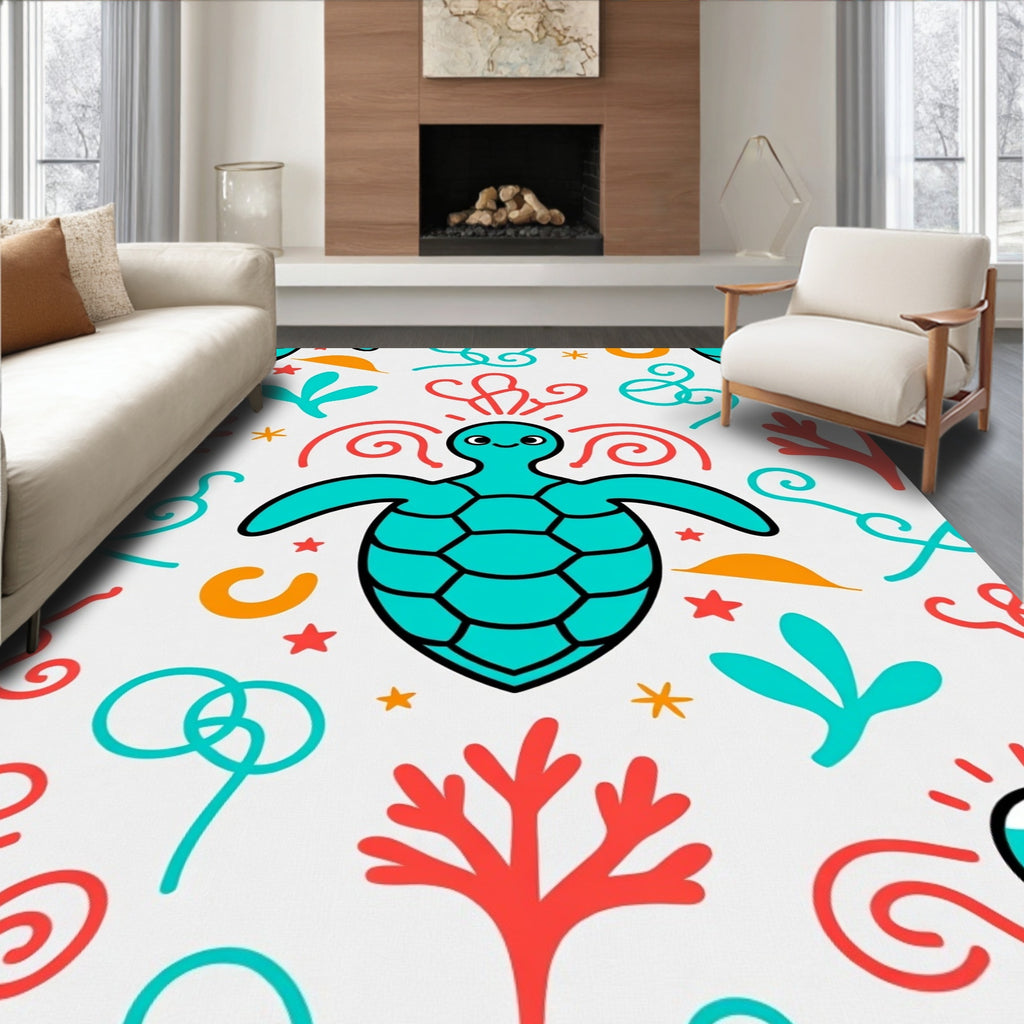 Whimsical Aqua Turtle Coral Garden Rug