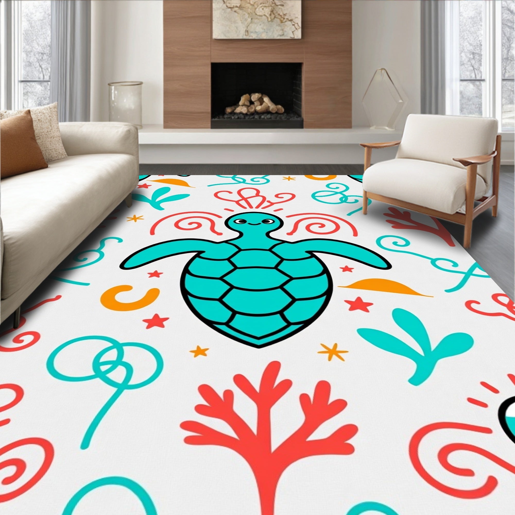 Whimsical Aqua Turtle Coral Garden Rug