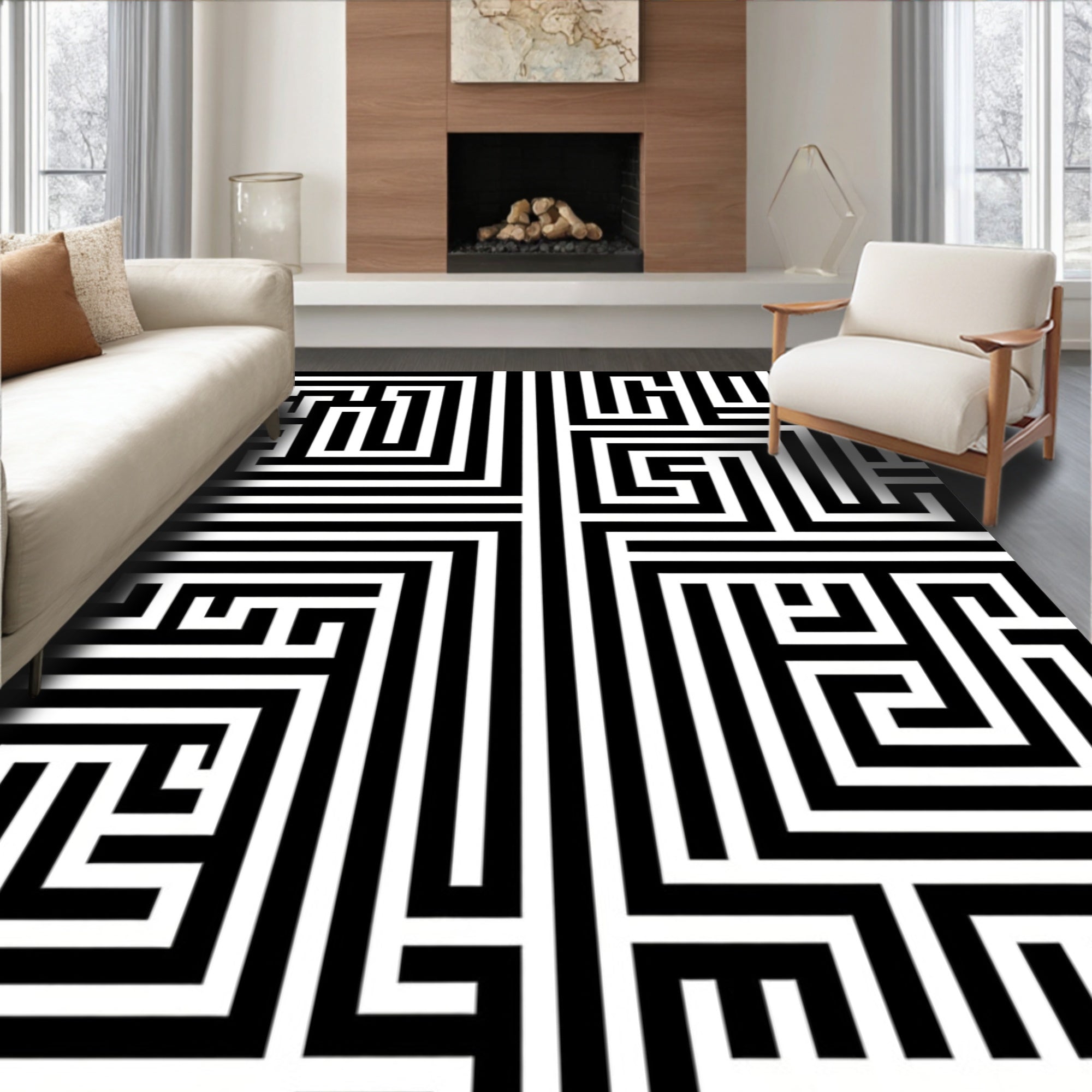Black White Intersecting Lines Rug