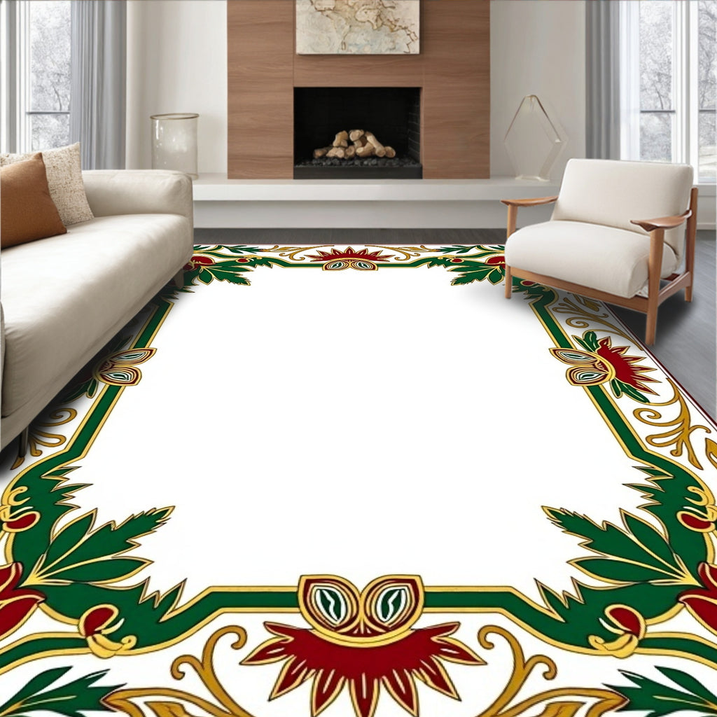 Crimson Green Floral Border Art Rug