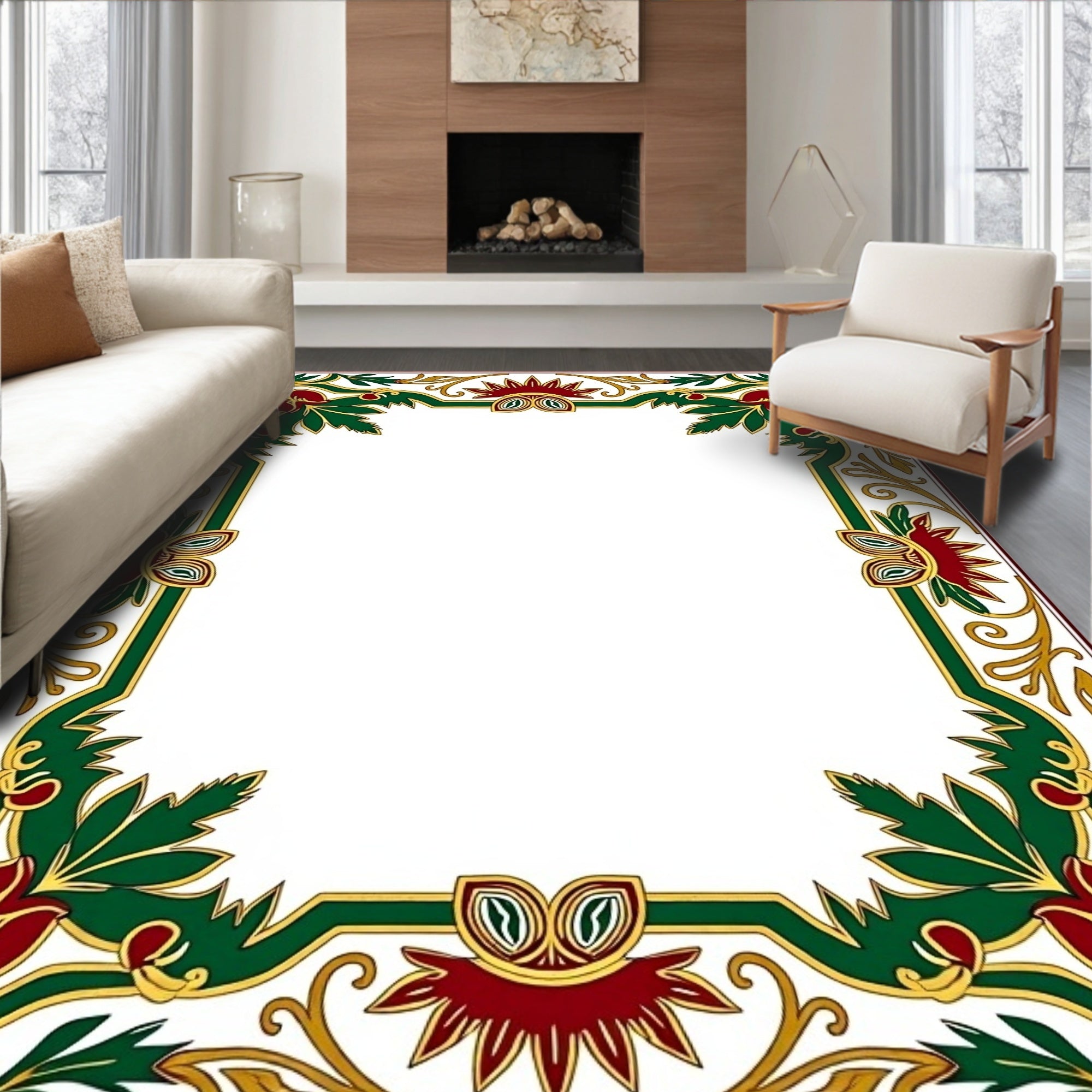 Crimson Green Floral Border Art Rug