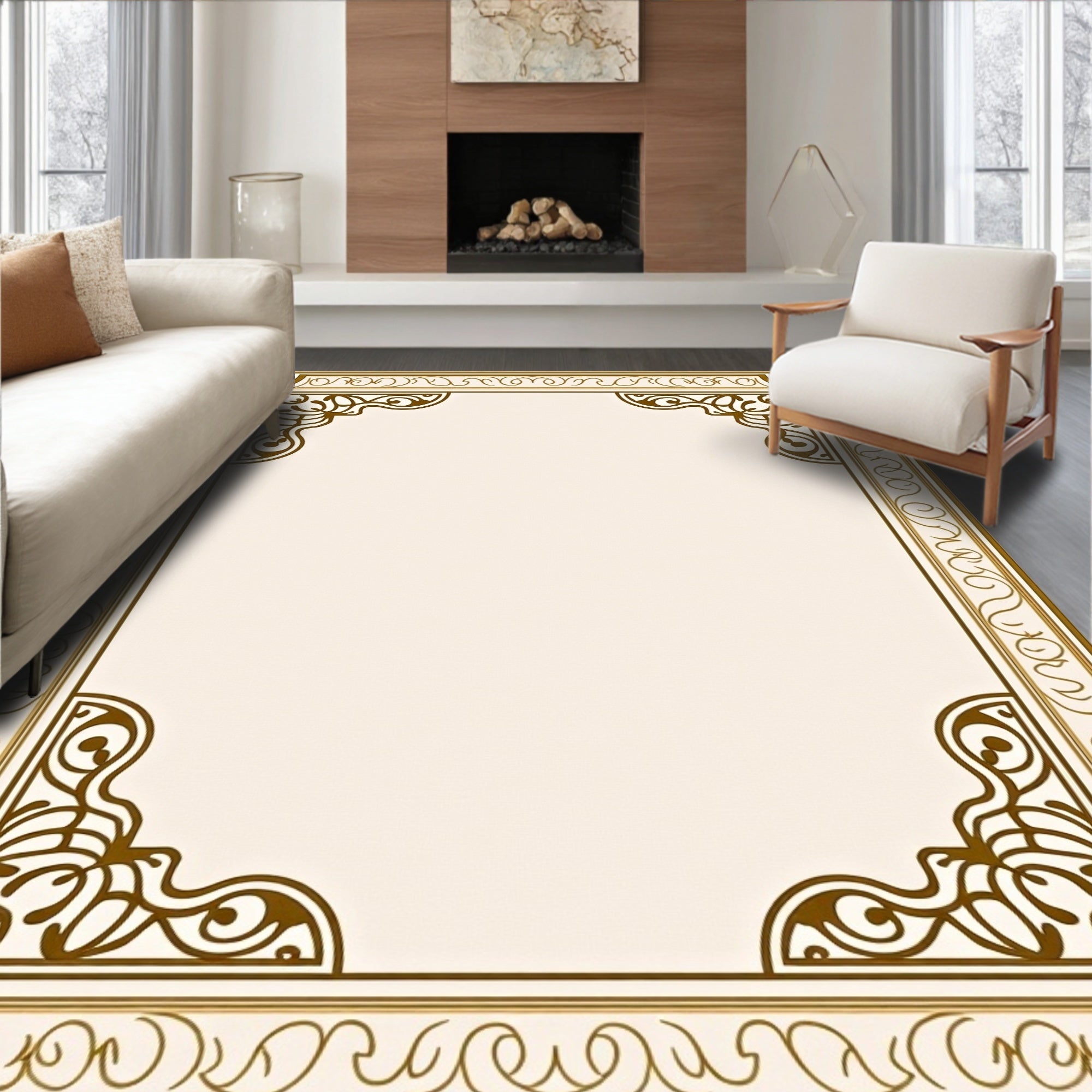 Ornate Brown Ivory Scroll Border Rug