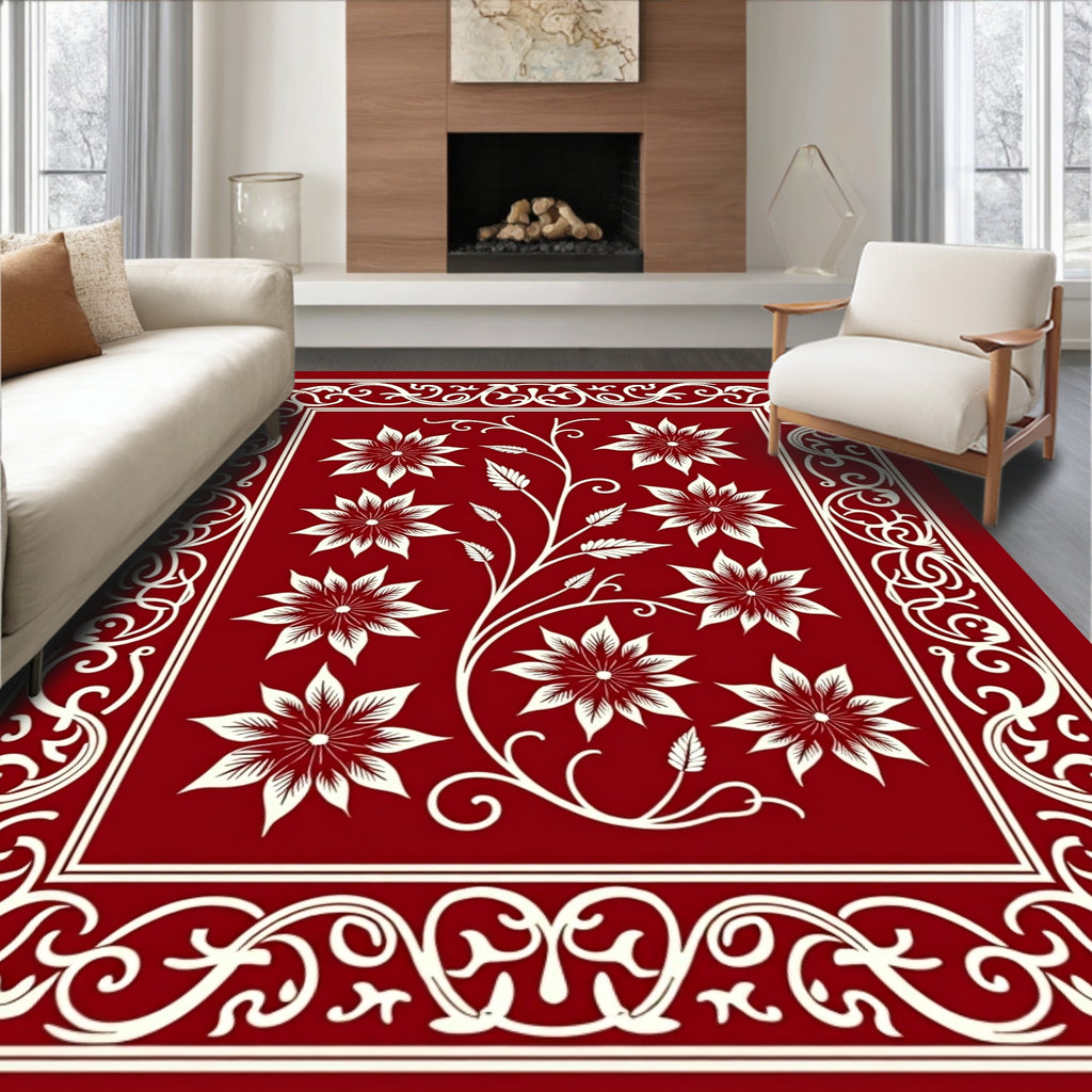 Crimson Floral Vine Scrollwork Rug