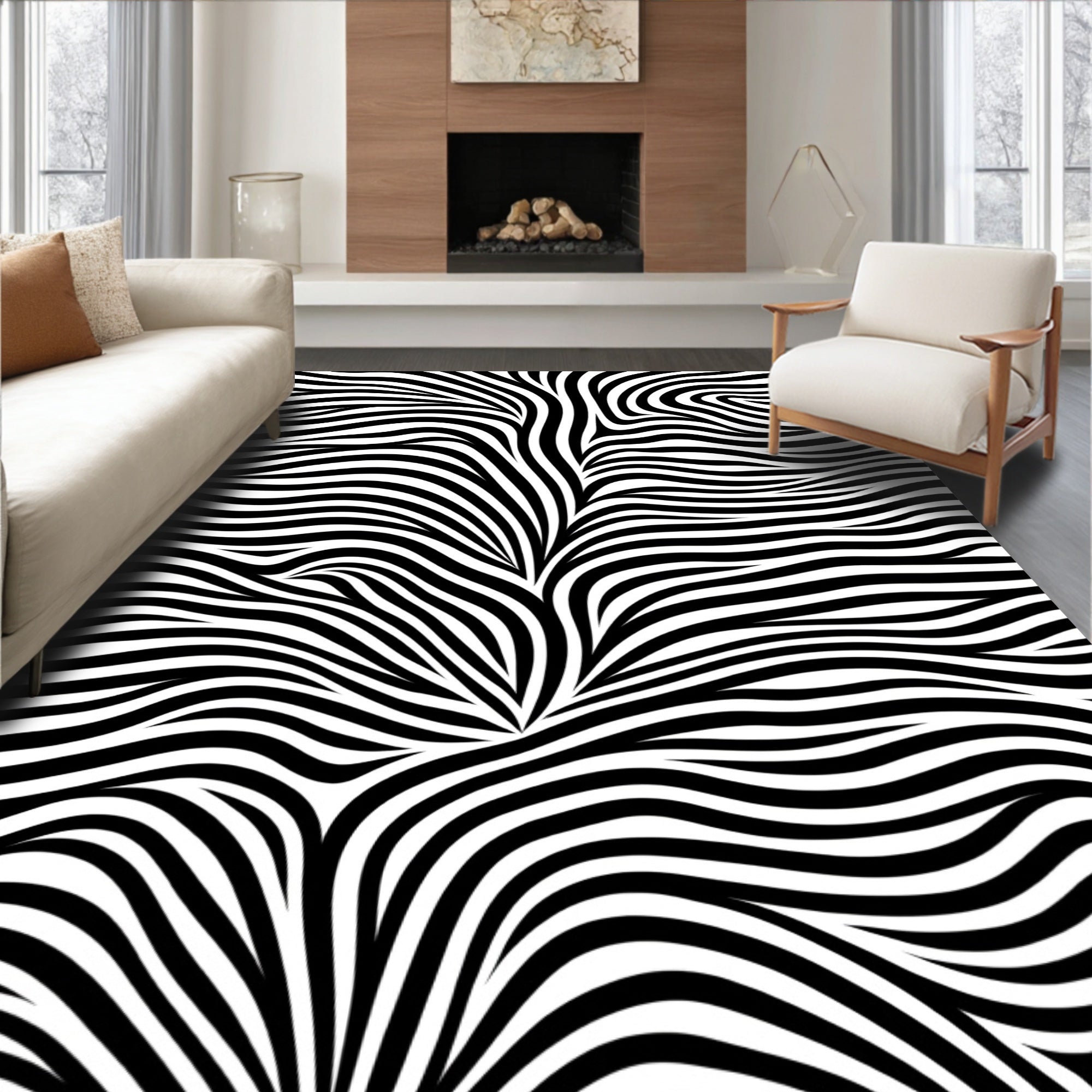 Bold Black White Swirling Lines Rug