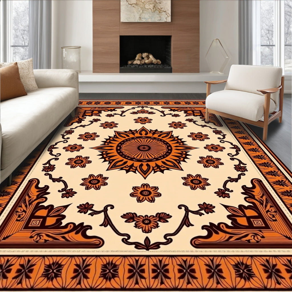 Orange Floral Medallion Border Rug