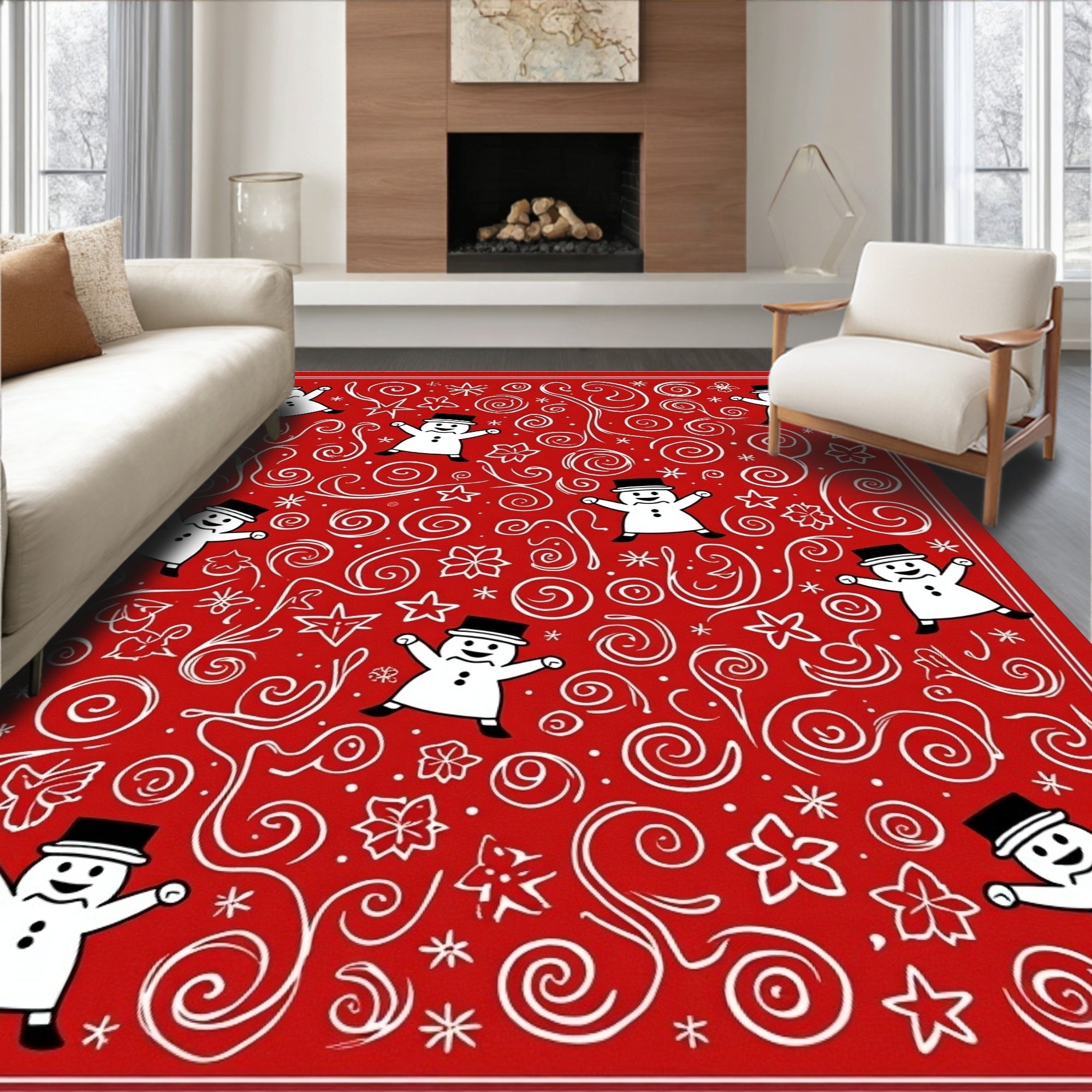 Red Snowman Swirls Christmas Joy Rug