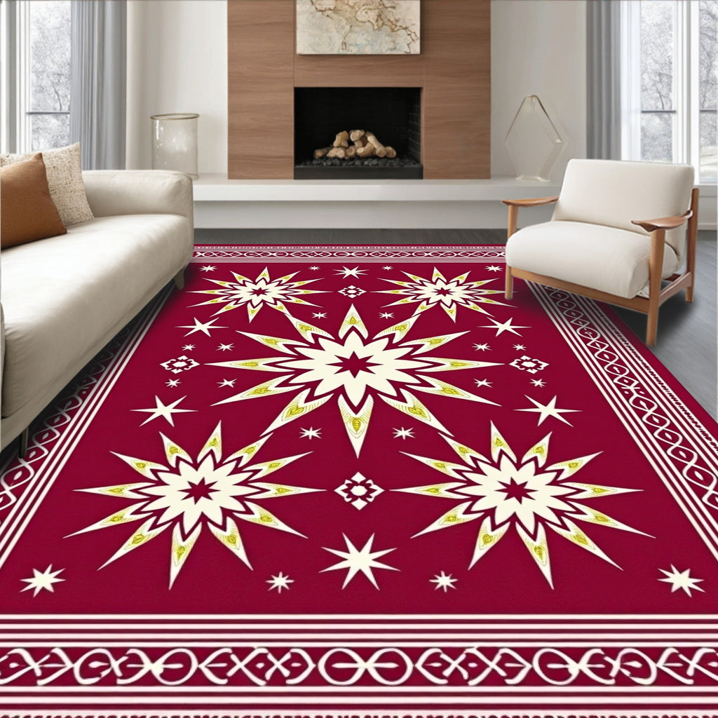 Crimson Starburst Geometric Border Rug
